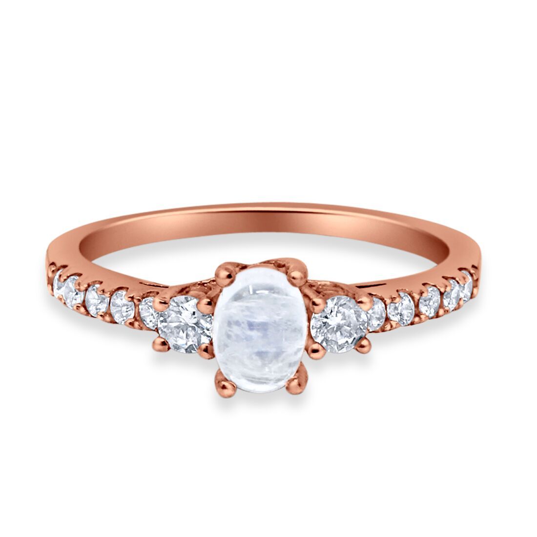 3 Stone Oval Simulated Moonstone 925 Sterling Silver Ring with Round Cubic Zirconia - Choose Your Color | Elegant Jewelry for Weddings, Anniversaries & Special Occasions
