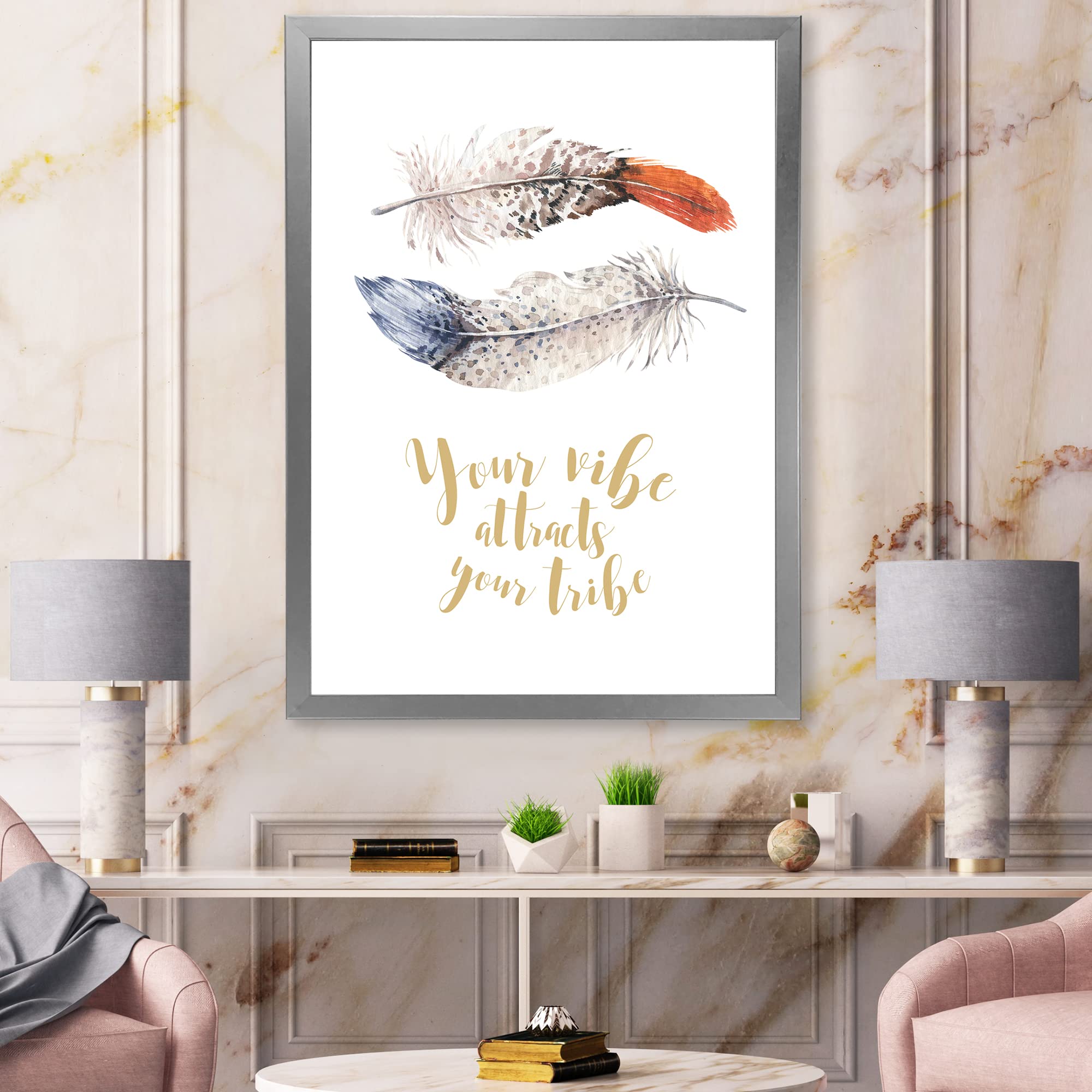 DesignQ Two Feathers Bohemian & Eclectic Framed Wall Art - Vibrant Tribal Decor for Living Room, Bedroom & Office | Handmade Canvas Painting for Home & Office Decor