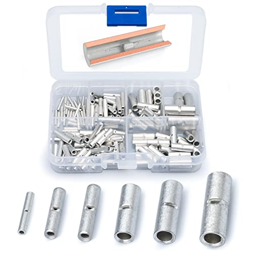 Wirefy 100 PCS Non-Insulated Butt Connectors Kit - 24-8 AWG Crimp Wire Splice Connectors for Automotive, Marine & Electrical Wiring - Heavy Duty Uninsulated Crimp Terminals for Secure Wire Connections