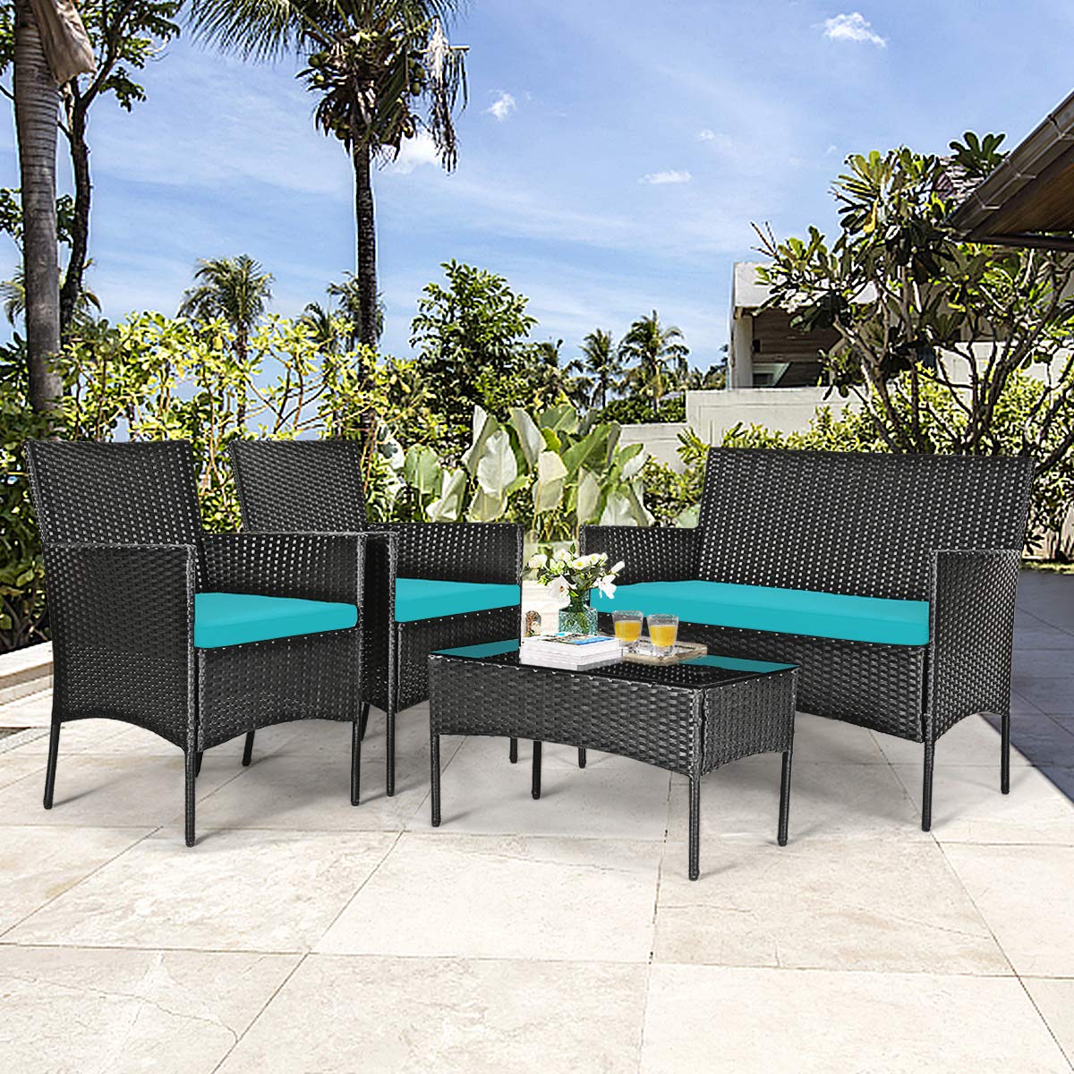 HAPPYGRILL 4-Piece Outdoor Patio Furniture Set - Rattan Wicker Conversation Sofa with Tempered Glass Top Table & Removable Cushions - Perfect for Poolside, Garden, Backyard, and Patio Relaxation