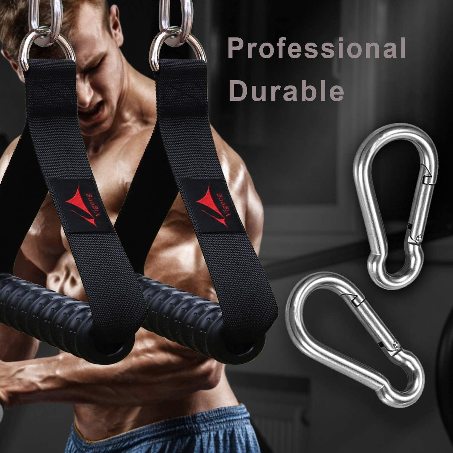 Heavy Duty Gym Handles for Cable Machine, Resistance Bands & Pulley Systems - Home Fitness Equipment with Elastic Rubber Grip & 2 Large Carabiners - Perfect for Strength Training, CrossFit & Home Workouts