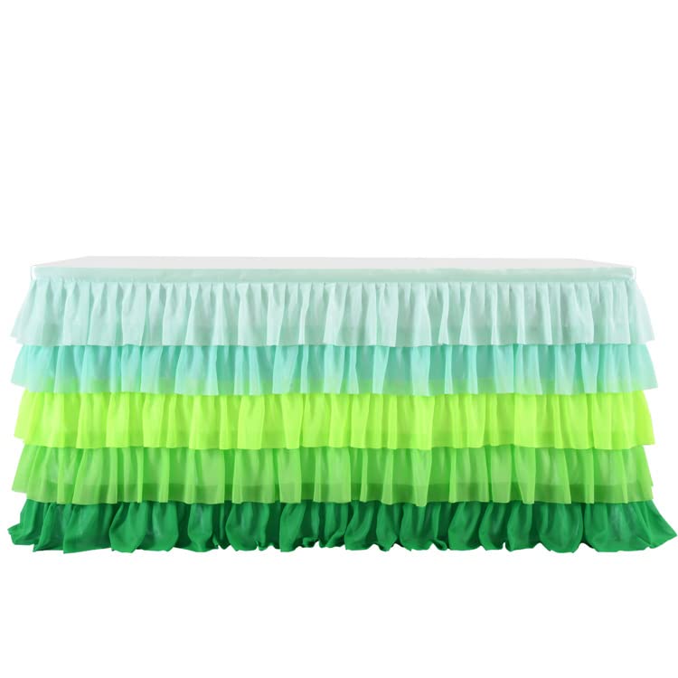 Pink Pastel Tulle Table Skirt for Rectangle Tables - 6ft, 9ft, 14ft Tutu Table Cover for Baby Shower, Birthday Party & Cake Dessert Decorations (Gradual Green, 6ft) | Perfect for Wedding Receptions, Bridal Showers & Holiday Celebrations