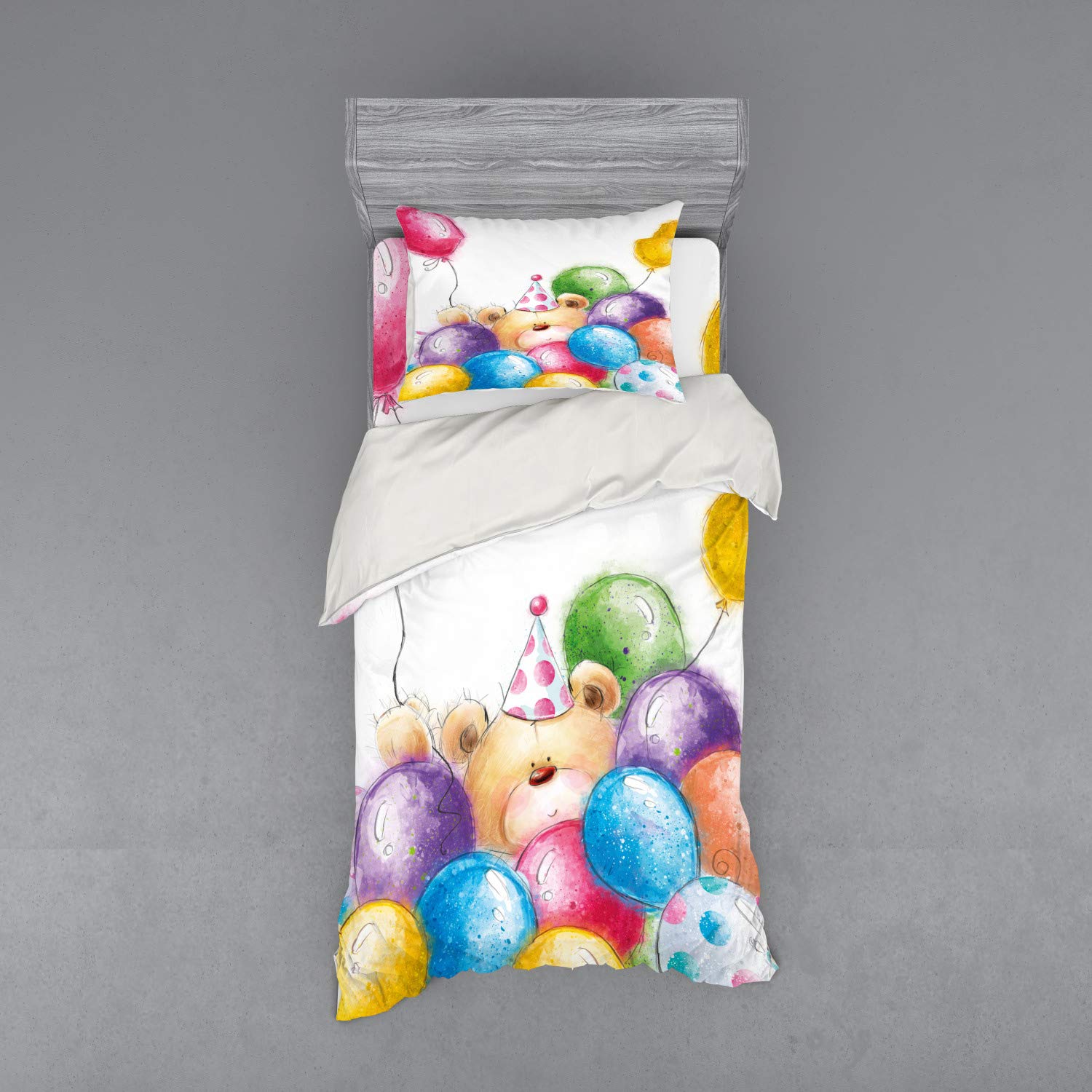 Ambesonne Birthday Bedding Set - Hand Drawn Teddy Bear & Colorful Balloons Print 3-Piece Duvet Cover Set with Sham & Fitted Sheet, Twin XL Size, Multicolor - Perfect for Kids' Rooms, Birthday Gifts & Nursery Decor