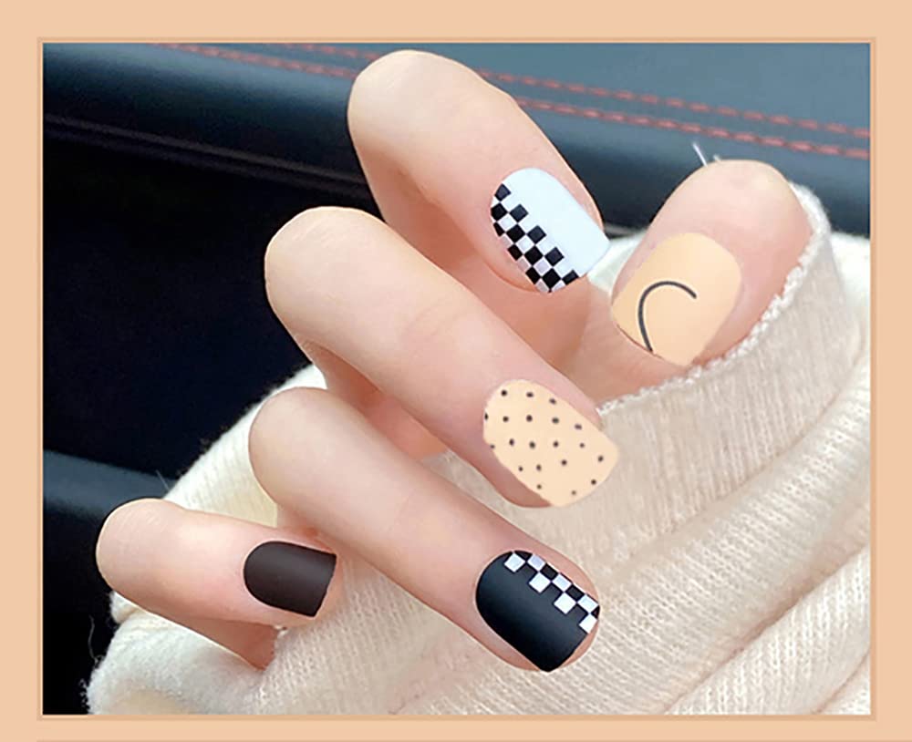 Secret Lives® Acrylic Press On Nails - Matte Peach, Brown, Black & White with Polka Dots - 24 Piece Set with Glue & Sheet | Artificial Nail Extensions for Parties, Weddings & Everyday Wear