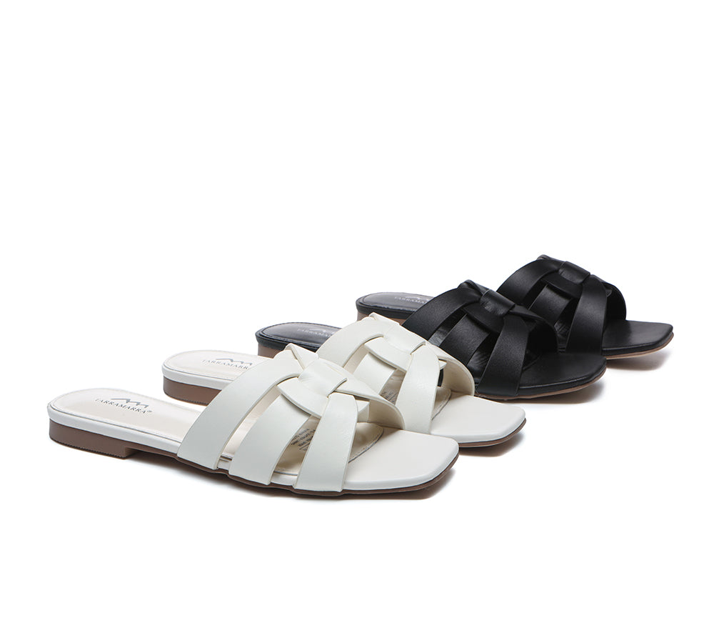 TARRAMARRA® Women's Genuine Leather Woven Flat Sandals - Jennifer Style | Comfortable Slip-On Slides for Casual Wear, Beach & Summer Outfits