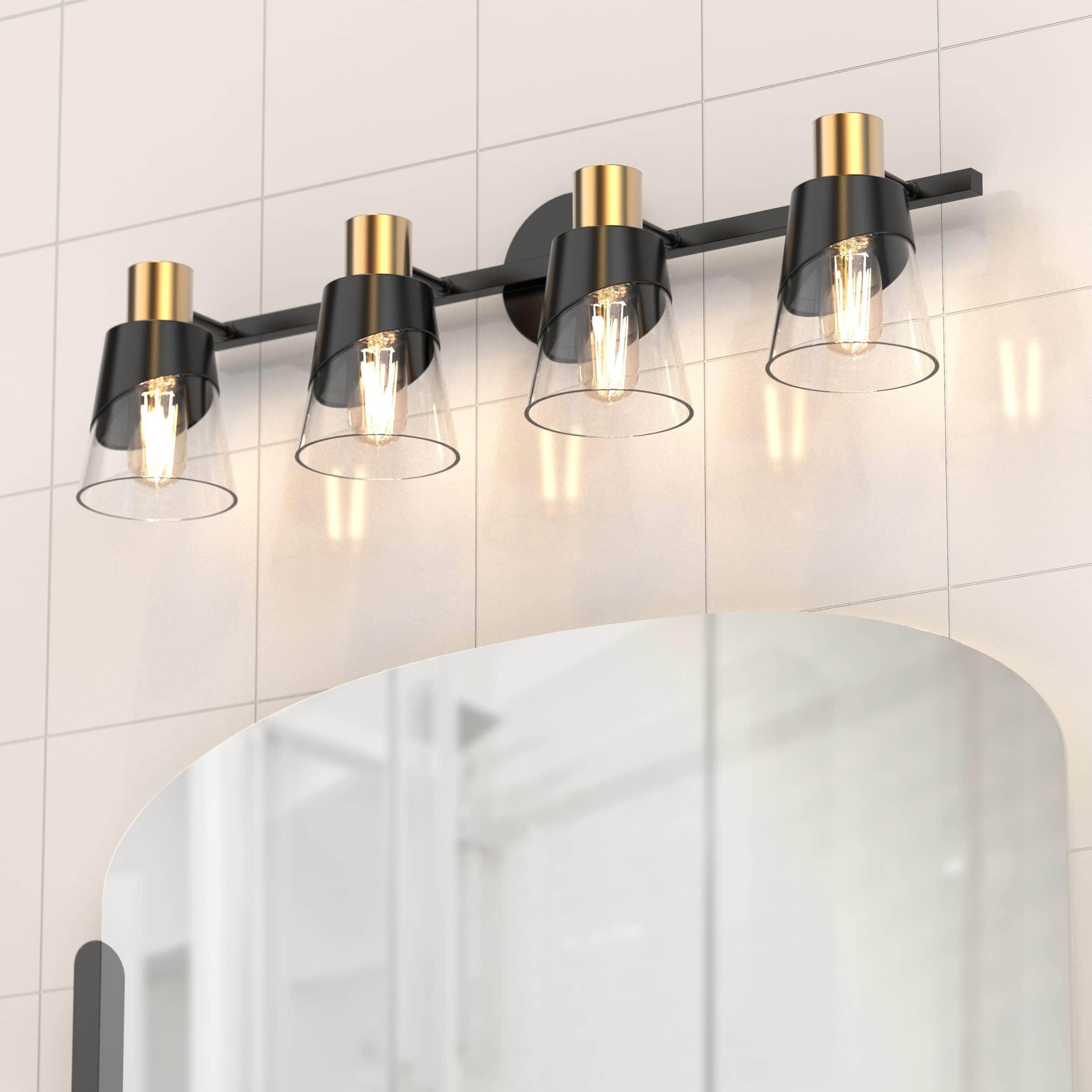 URSOLA 4-Light Bathroom Vanity Lighting Fixture - 28.34 Inch Black & Gold Wall Sconce with Beveled Edge & Clear Glass Shade - Perfect for Bathroom Mirror Lighting, Powder Room, and Spa-Like Ambience