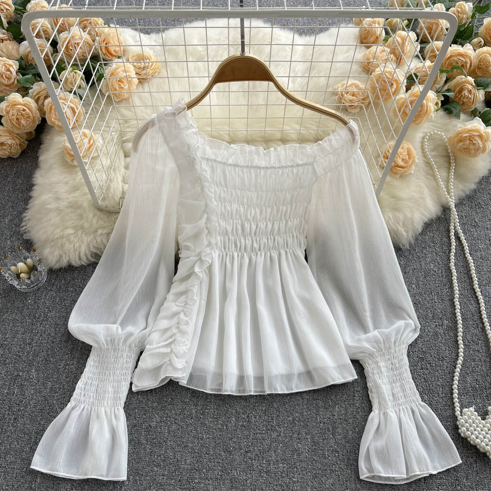 Elegant White Chiffon Trumpet Sleeve Off-Shoulder Top for Women - Summer Pleated Blouse for Beach, Party & Date Night - Style 1052