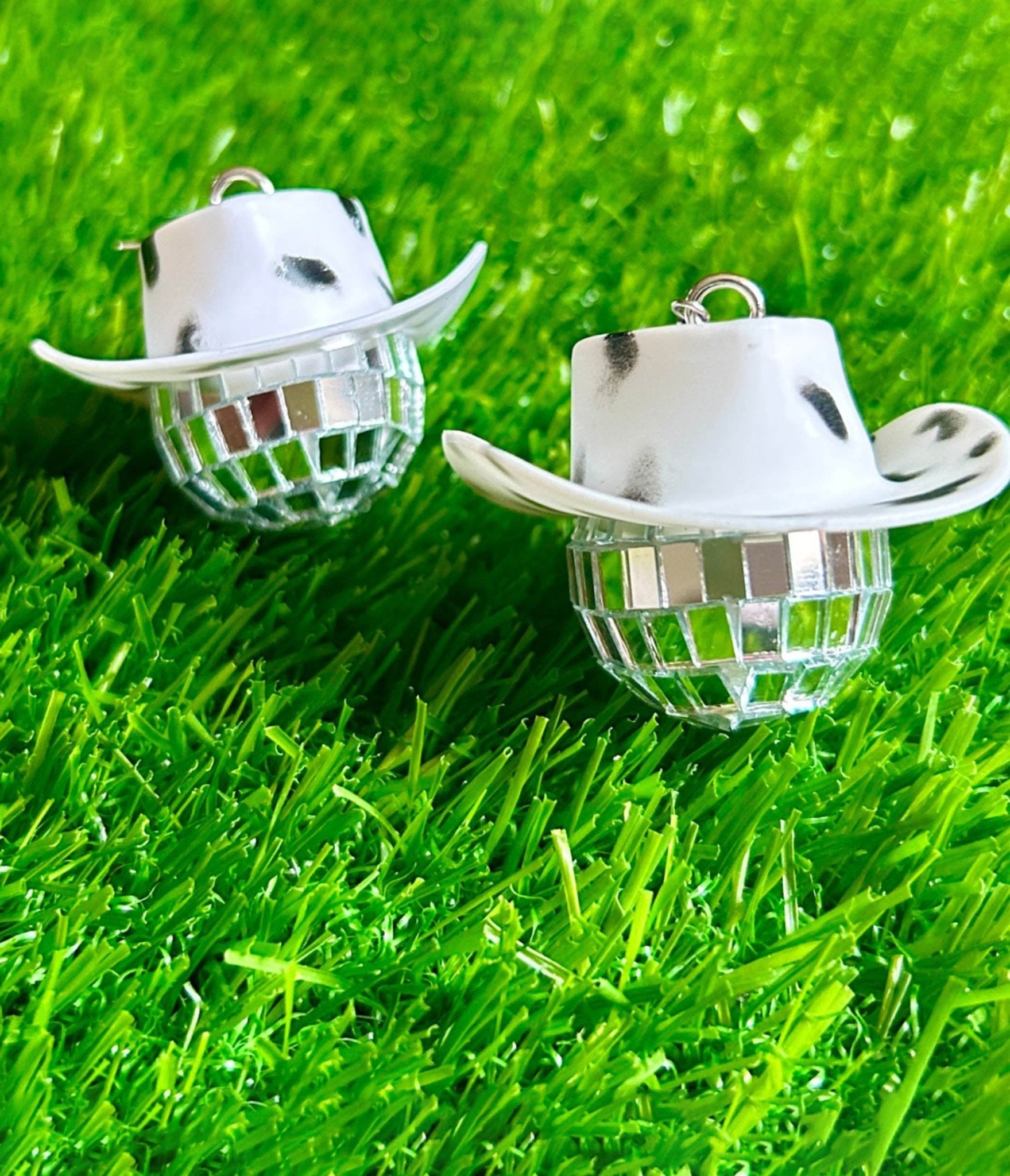 Cow Print Cowboy Hat Disco Ball Earrings - Western Style Fashion Accessories for Women | Perfect for Music Festivals, Cowgirl Parties & Night Out Clubbing