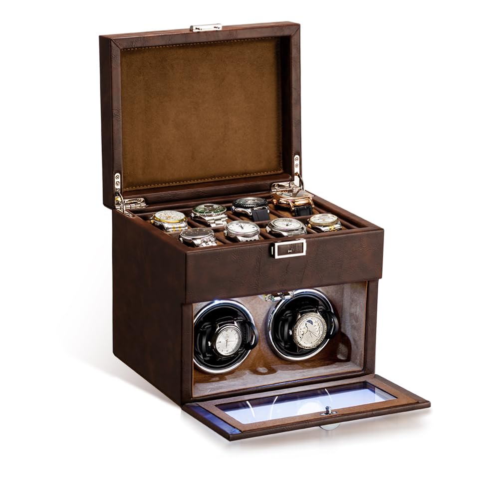 Premium Automatic Double Watch Winder with 8-Slot Storage Display Box - Japanese Quiet Motor, LED Light & Adjustable Watch Pillows - Perfect for Watch Collectors & Luxury Timepiece Storage (AC Adapter Included) - Ideal for Home, Office or Travel Use