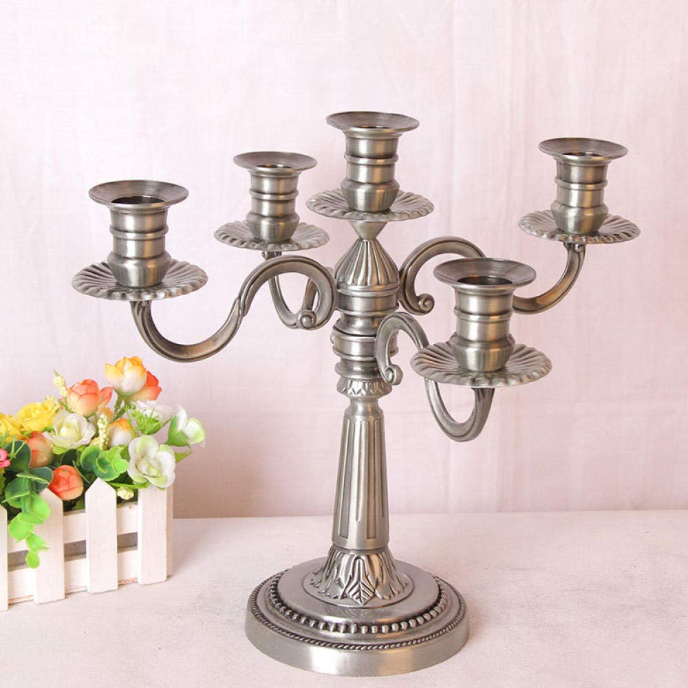 Vintage 5-Arm Metal Candle Holder - 13.99in/35.5cm Tall Silver Candlestick - Floor Standing Candelabra for Wedding, Event & Home Decor - Perfect for Romantic Dinners, Church Ceremonies and Living Room Centerpieces