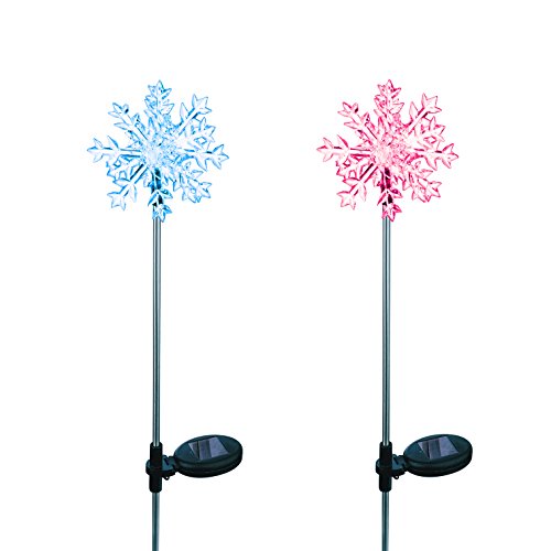 Solar Powered 3D Snowflake Garden Stakes - Color Changing LED Outdoor Lights for Yard & Pathway Decor (Set of 2) | Winter Holiday & Christmas Landscape Lighting