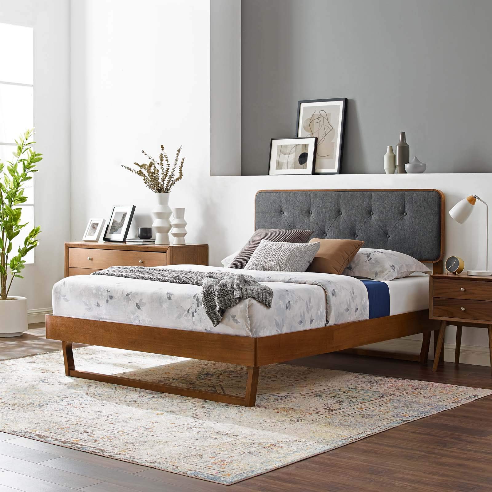 Modway Bridgette Full Wood Platform Bed with Angular Frame - Walnut Charcoal Finish | Solid Wood Bed Frame for Modern Bedrooms | Perfect for Small Spaces & Guest Rooms