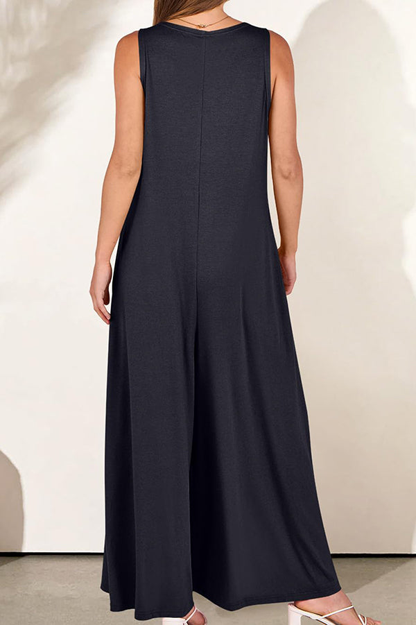 Solid Color V-Neck Sleeveless Loose Pocket Wide Leg Jumpsuit for Women - Casual Summer Outfit, Beach Cover Up, Vacation Wear