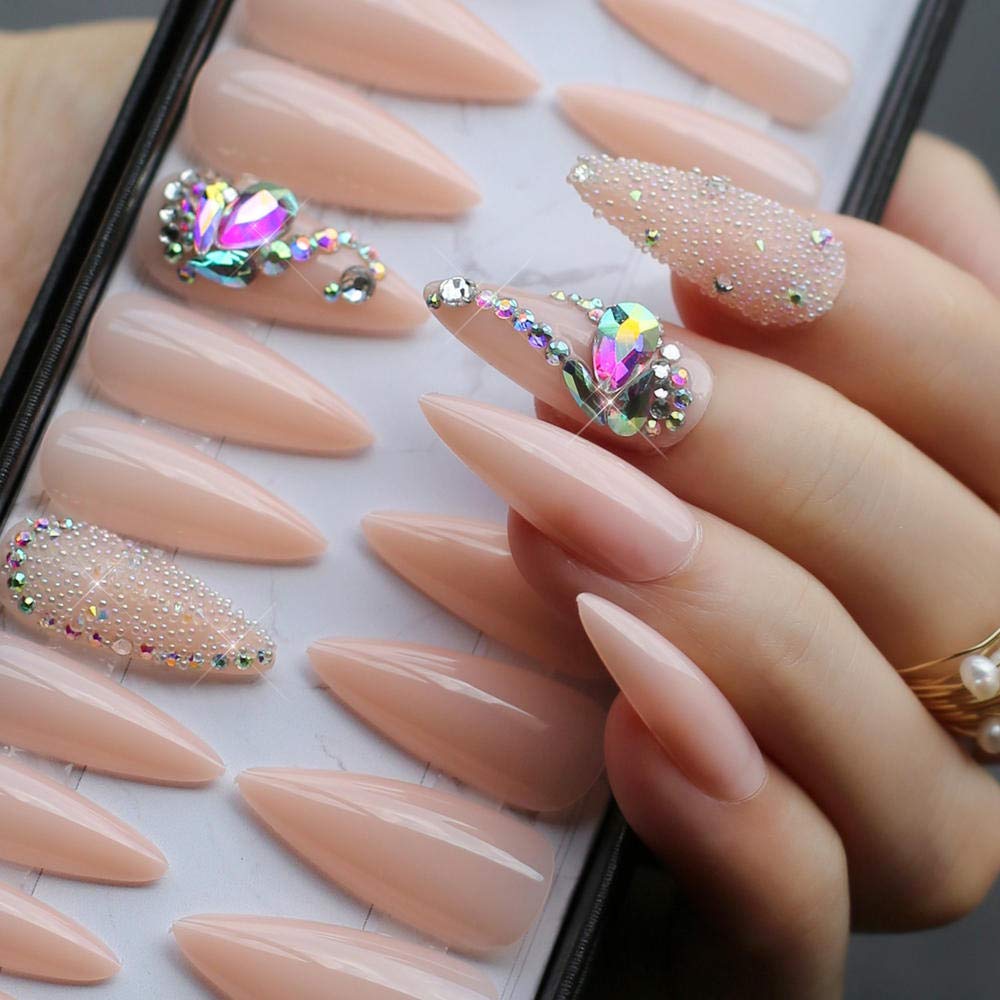 Premium False Nails - Swan Fake Nails with Crystal Rhinestones for Wedding & Party | Luxury Shiny Diamond Design, Irregular Shape | Perfect for Bridal Showers, Prom Nights, Date Nights and Special Occasions