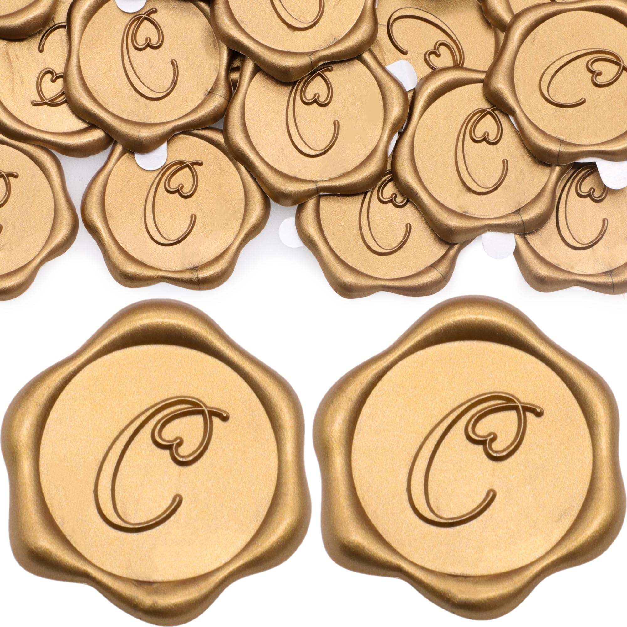 SWANGSA 50 Pack Letter C Wax Seal Stickers - Antique Gold Heart Design Initial Adhesive Wax Stickers for Wedding Invitations, Party Decorations, Envelope Sealing & DIY Scrapbooking - Elegant Vintage Wax Seals for Letters, Cards and Gift Wrapping