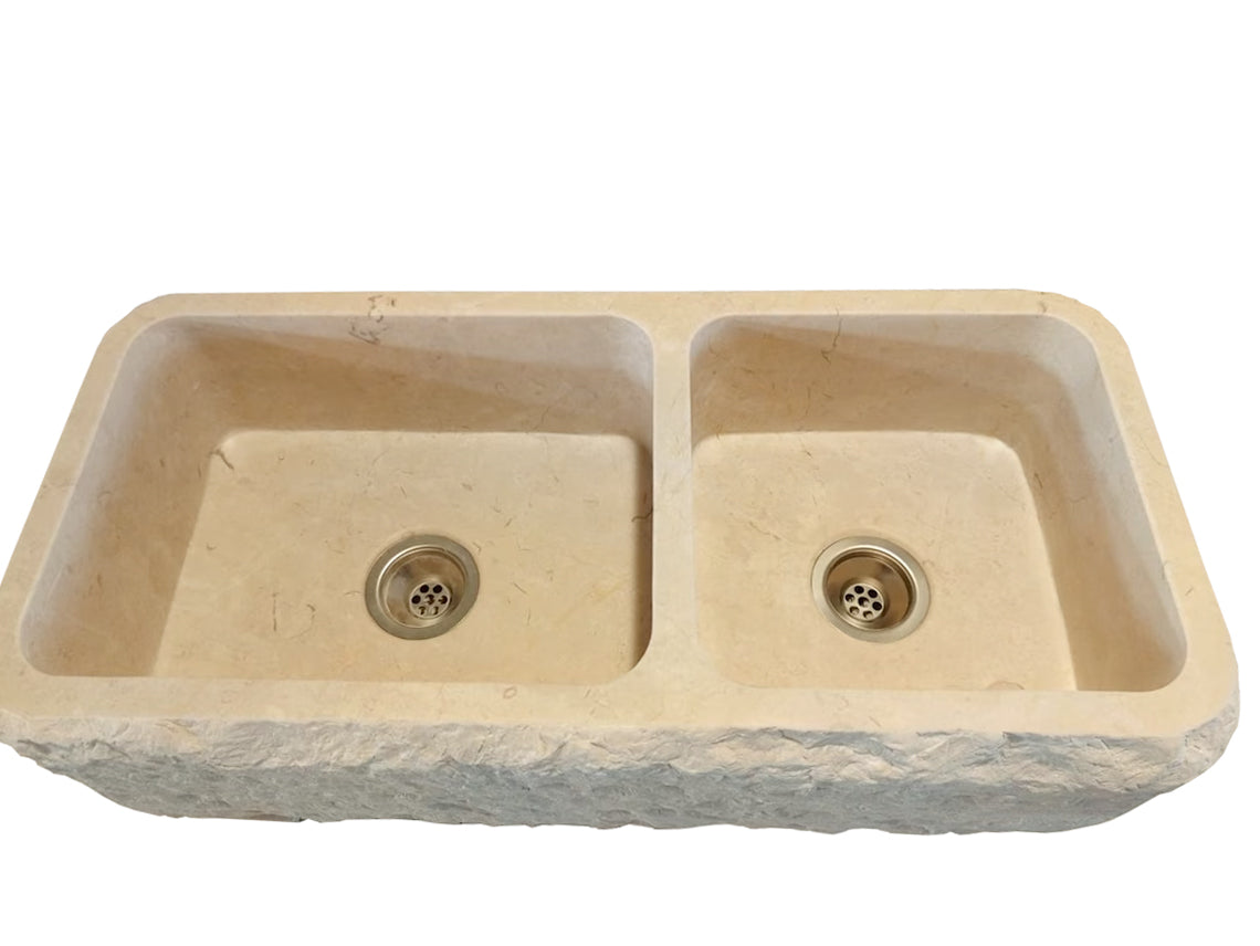 Botticino Beige Marble Farmhouse Apron Kitchen Double Sink NTRVS185 - Elegant & Durable for Modern Farmhouse, Rustic, or Traditional Kitchen Designs