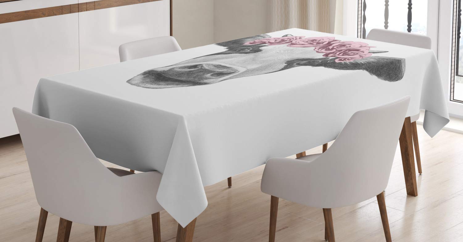 Ambesonne Farm Animal Tablecloth - Sketchy Cow Portrait with Roses Wreath, 52x70 Inch Rectangle Dining Table Cover in Dark Grey & Pale Rose | Waterproof Kitchen Tablecloth for Farmhouse, Country Style Dining Room Decor