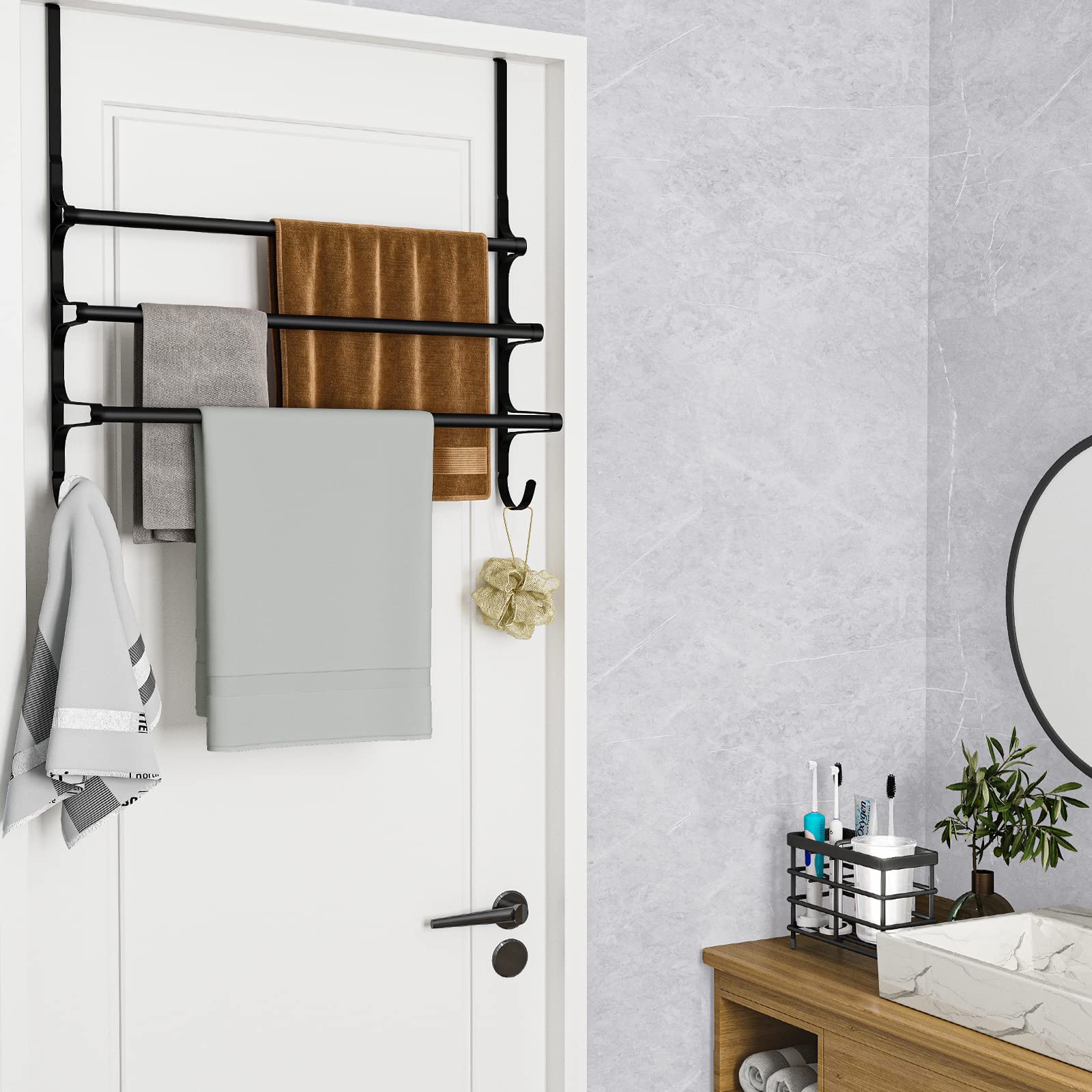 Over The Door Towel Rack - Triple Towel Storage Holder with Hooks for Bathroom, Kitchen, or Bedroom - Space Saving Matte Black Design (20.27