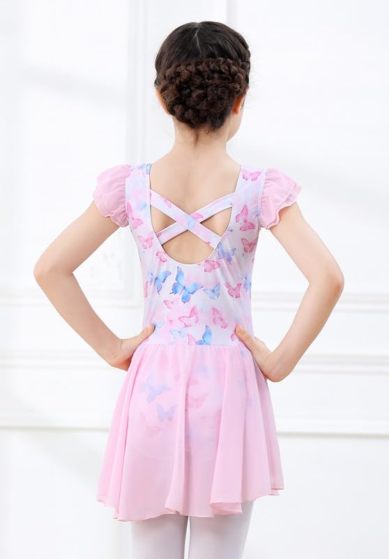DIPUG Girls Ballet Leotard with Skirt - Toddler Dance Leotard with Flutter Sleeves & Criss Cross Back - Perfect for Ballet Class, Recital & Dance Performance