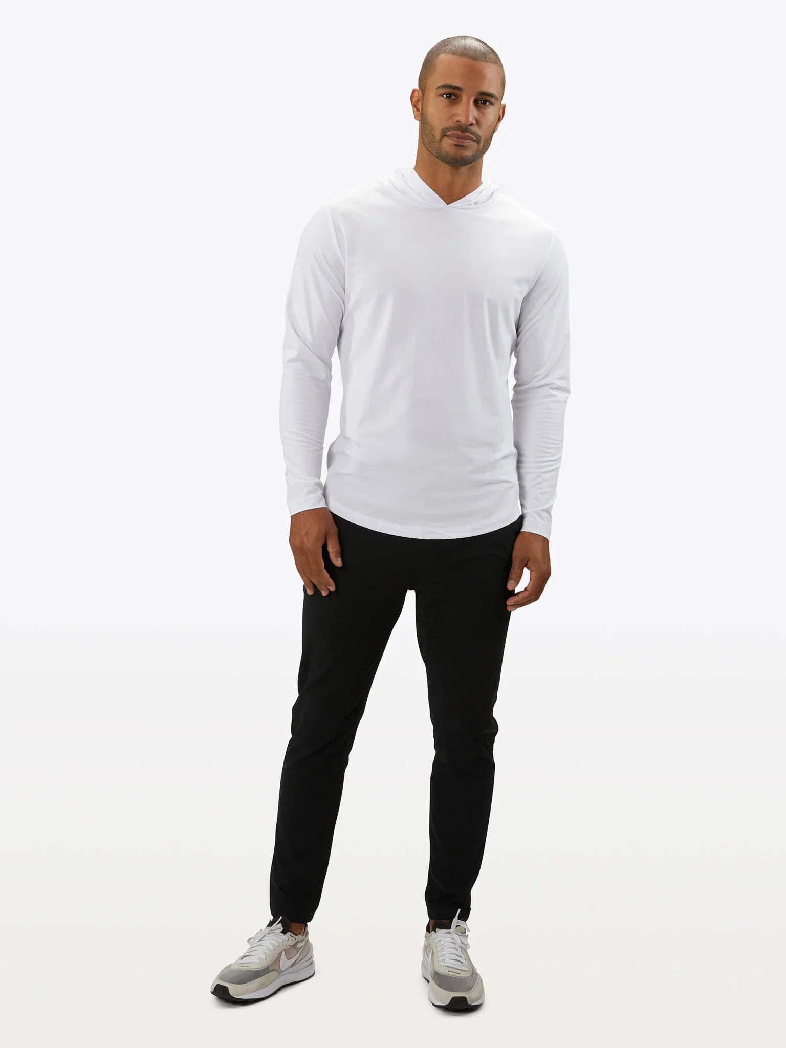 Stylish AO Long Sleeve Hooded T-Shirt with Curved Hem | Women's Fashion Top for Casual Wear, Street Style & Layering