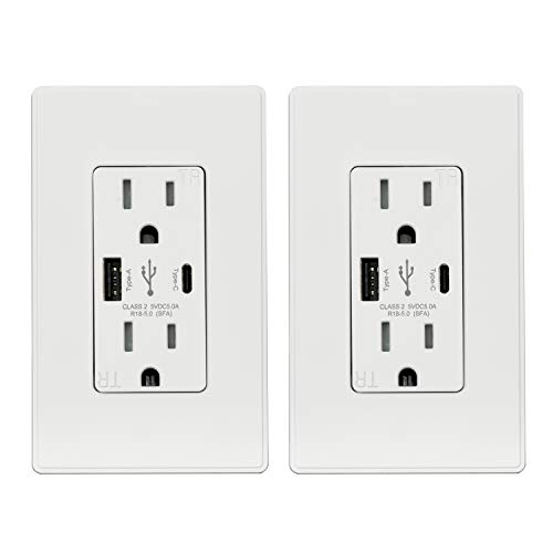ELEGRP 25W 5.0 Amp USB C Wall Outlet with 15A Receptacle - Dual USB Charger for iPhone, iPad, Samsung, Google, LG & Android Devices - Includes Wall Plate, 2 Pack Matte White (UL Listed) - Perfect for Bedrooms, Kitchens & Home Offices
