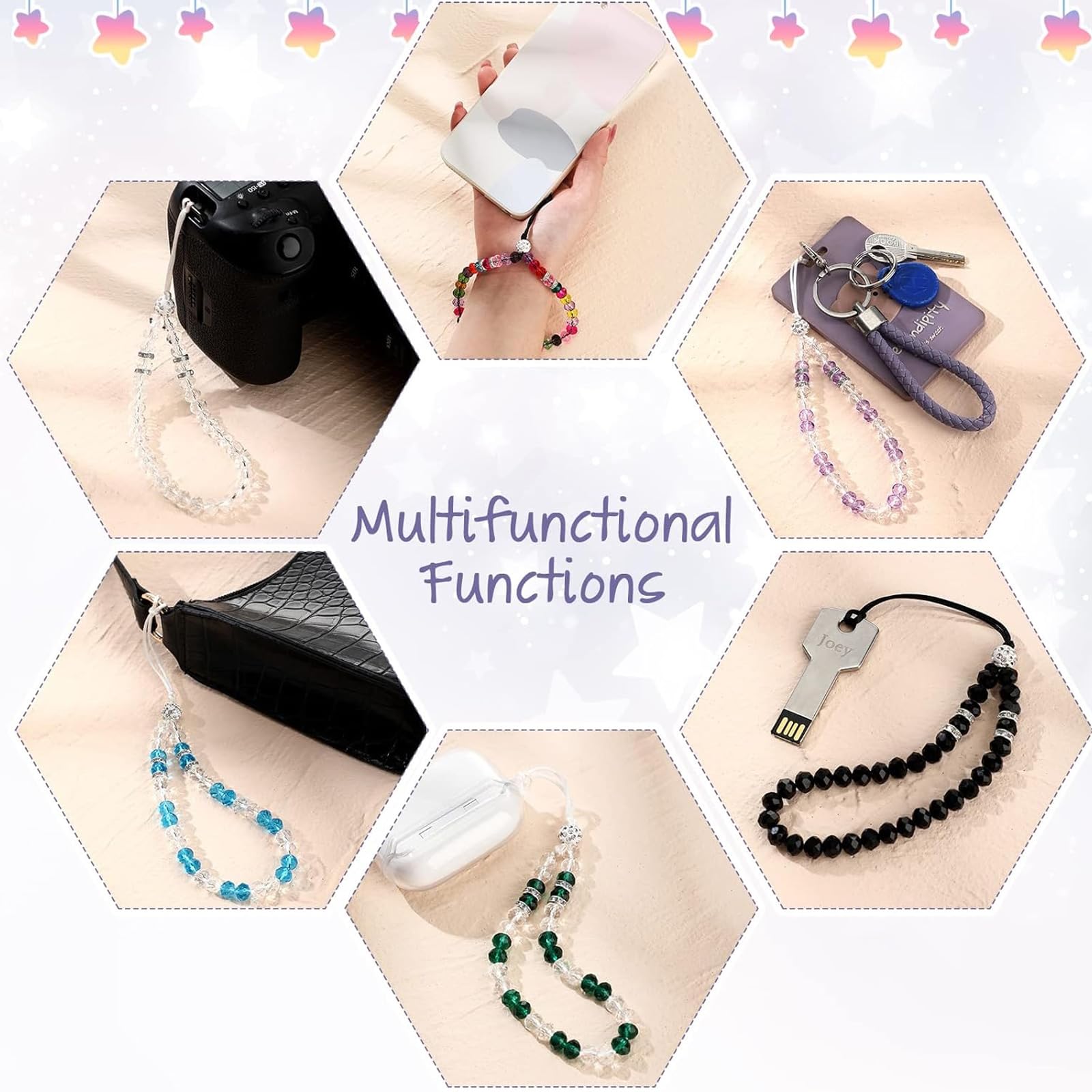 Beaded Phone Lanyard Strap - Crystal Charm Wristlet for Women (6 Pack) - Perfect for Parties & Events