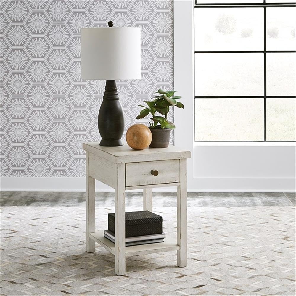 Modern Farmhouse White Drawer Side Table - Nightstand or Accent Table for Bedroom, Living Room & Office - Rustic Home Decor with Storage Drawer