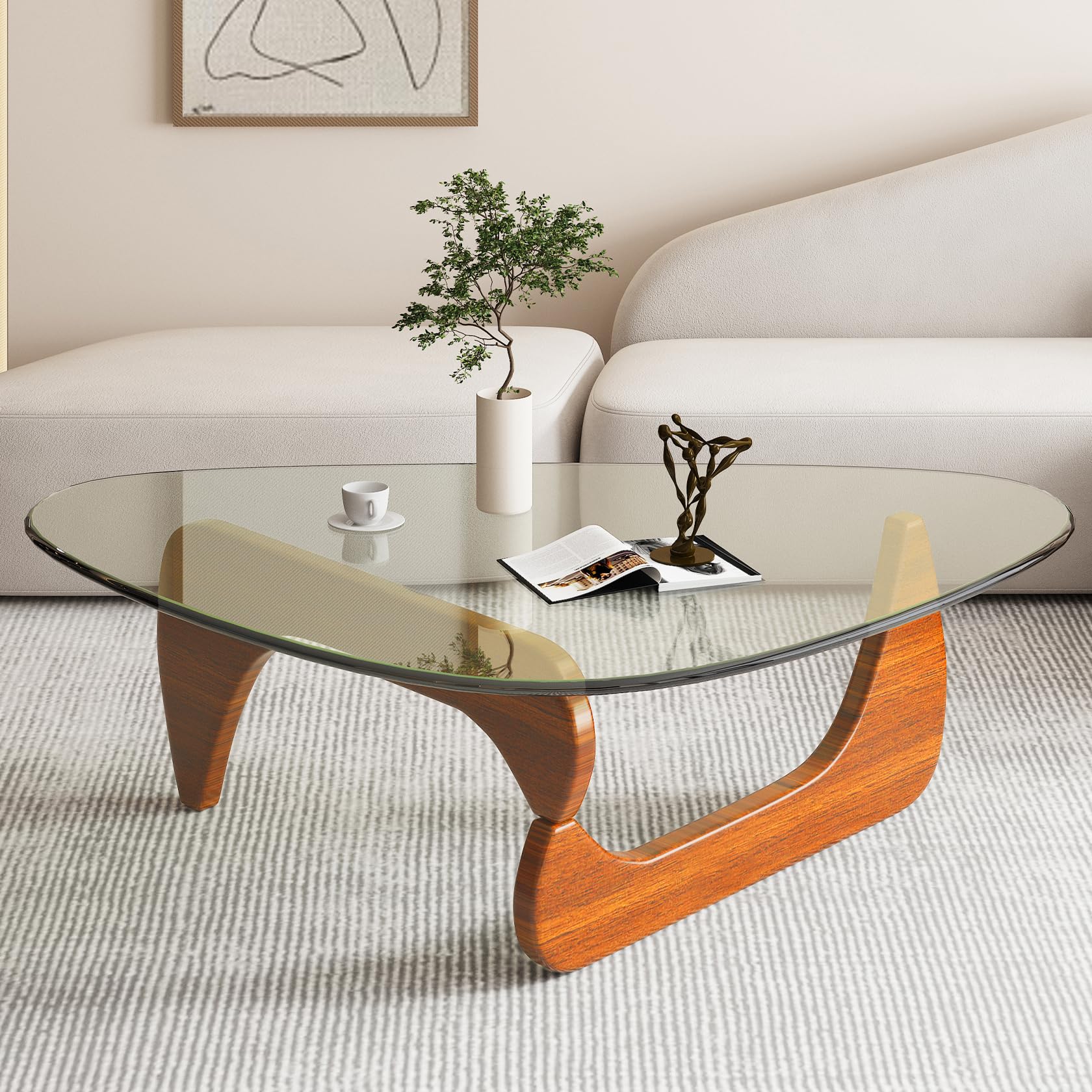 Mid-Century Modern Coffee Table with Triangle Glass Top & Natural Wood Base - Walnut/Transparent, 35.8