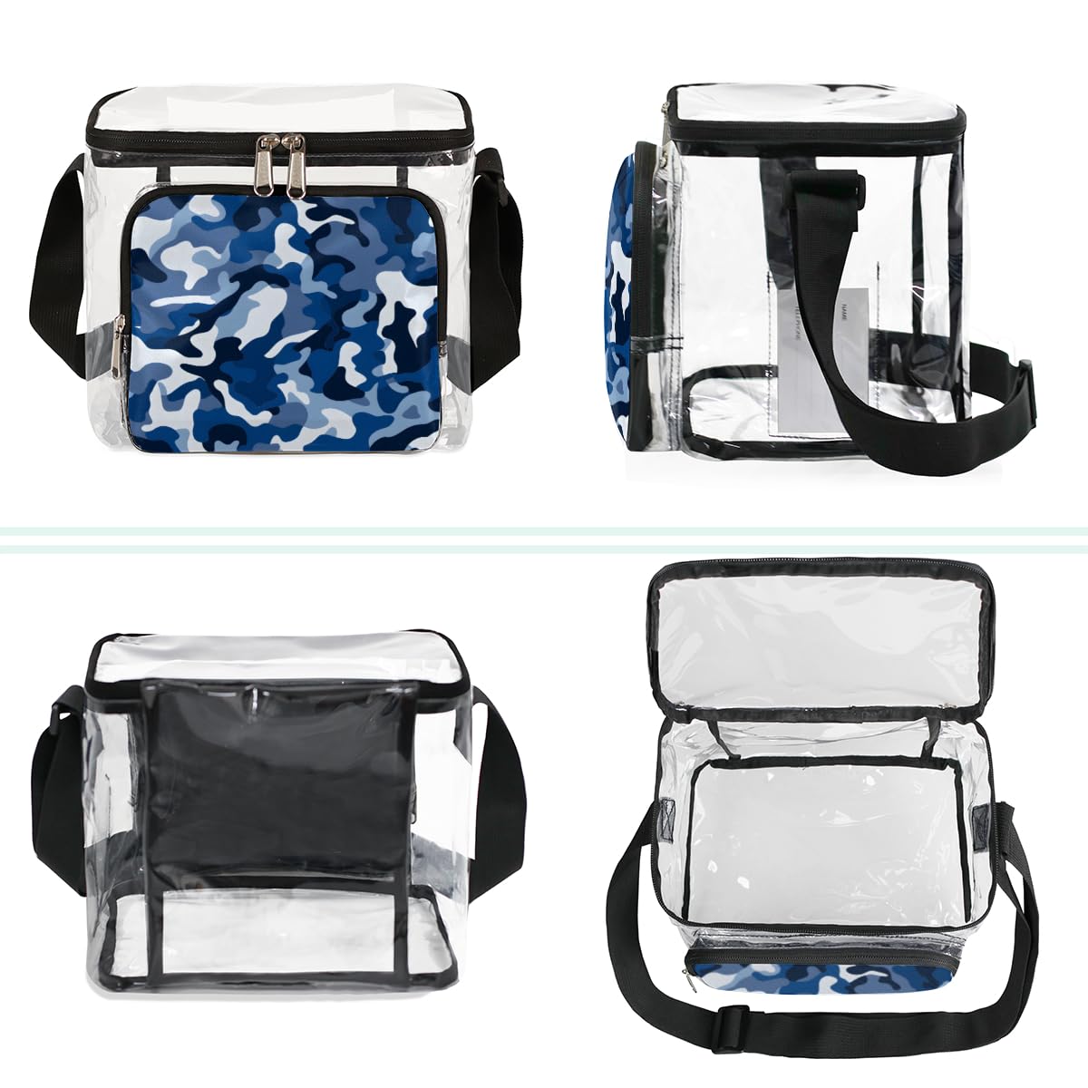 GzLeyigou Camouflage Pattern Clear Tote Bag - Blue & White Camo Textured Transparent Shoulder Bag with Handles for Lunch, Outdoor, Travel, Picnic, Concerts & Sports Events | Stadium Approved Crossbody Purse | Perfect for Beach Days, Music Festivals and Grocery Shopping