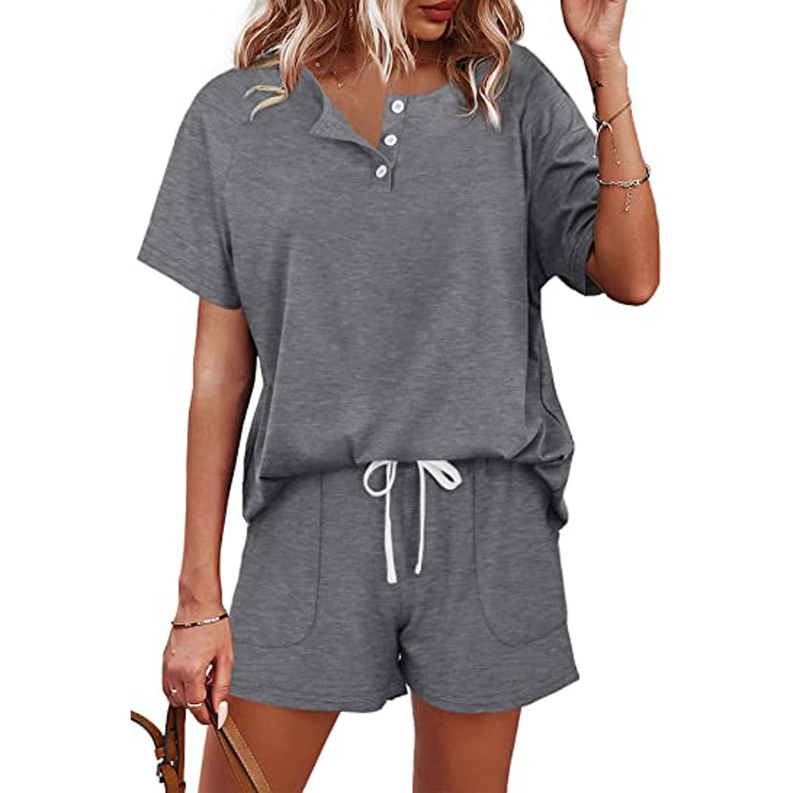 Kinrui Women's 2-Piece Pajama Set - Short Sleeve Ultra-Soft Sleepwear & Lounge PJS with Pockets (S-XXL) | Summer Comfort for Nightwear, Home Relaxation & Vacation Outfits
