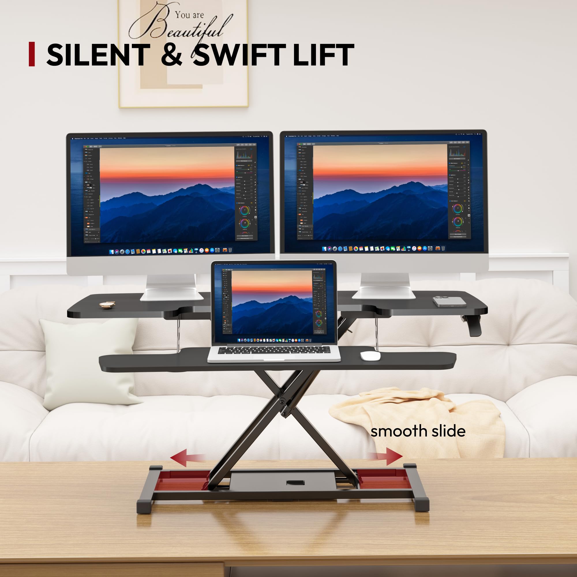 SANODESK 40 Inch Height Adjustable Standing Desk Converter - Quick Sit to Stand Desktop Riser with Large Keyboard Tray, Dual Monitor & Laptop Workstation (Black) - Perfect for Home Office, Gaming & Ergonomic Workspace Setup
