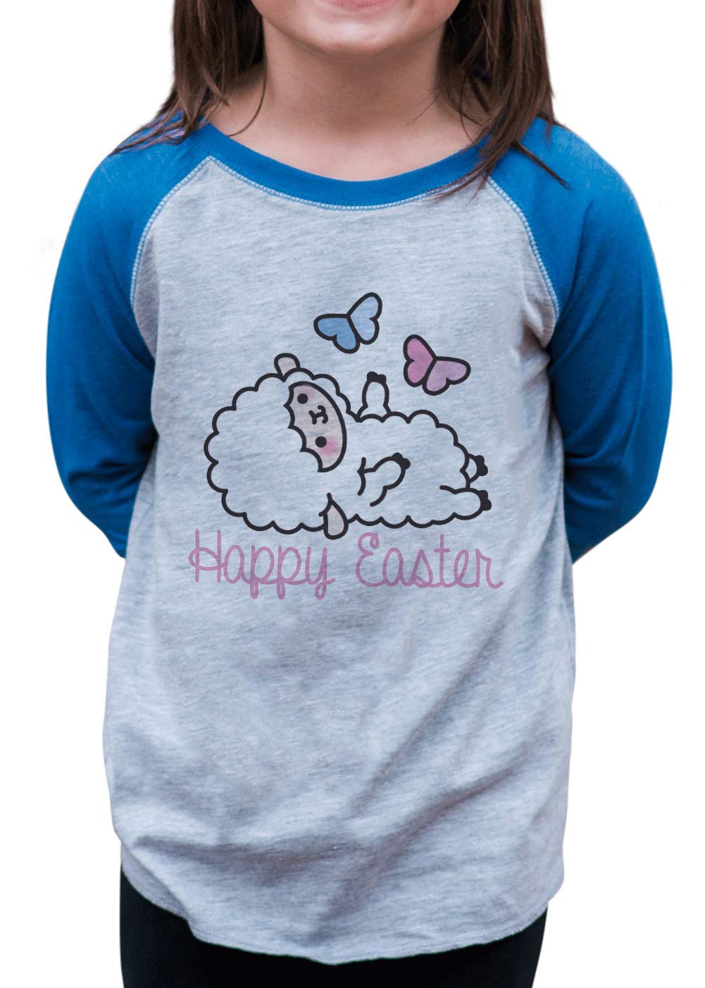 7 Ate 9 Apparel Kids Little Lamb Easter Blue Raglan T-Shirt - Cute Easter Outfit for Boys & Girls - Perfect for Easter Sunday, Spring Photos & Family Gatherings