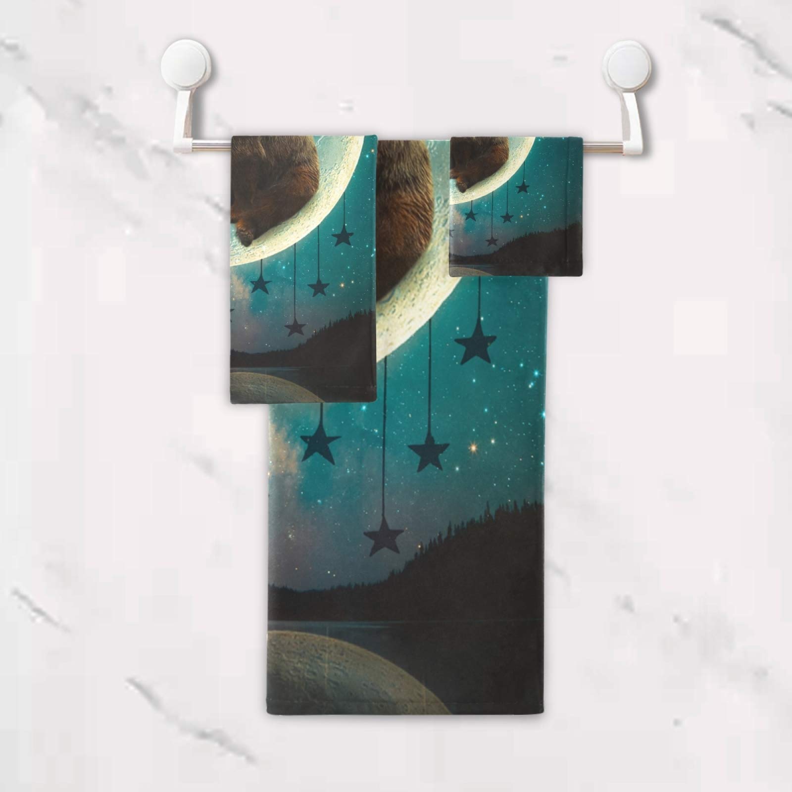 ALAZA 3-Piece Moon Bear Towel Set - Soft Hand Towel, Bath Towel, Washcloth for Face, Kitchen & Bathroom Decor - Perfect Housewarming Gift for Guests & Tea Time