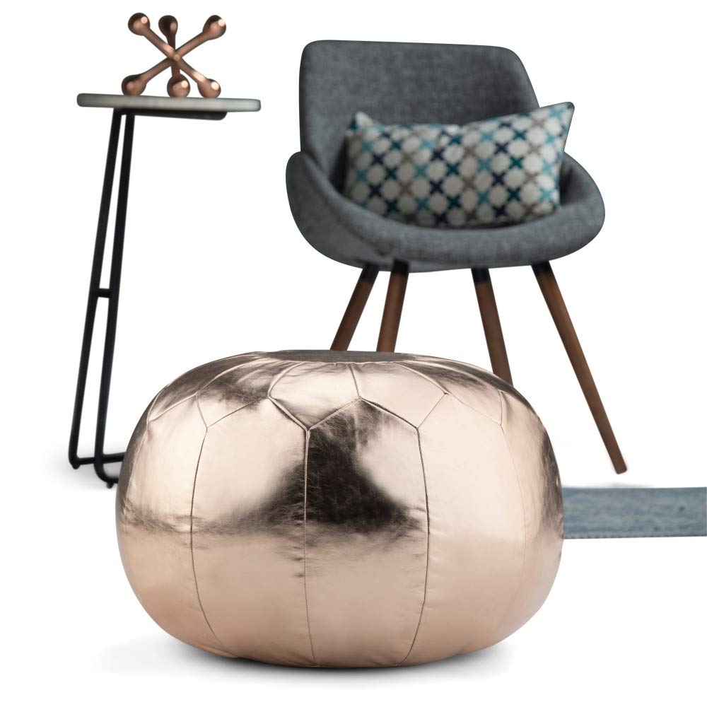 SIMPLIHOME Charlize Round Pouf Ottoman - Gold Faux Leather Footstool for Living Room, Bedroom & Nursery - Boho Chic Decor Accent - Perfect for Extra Seating, Footrest or Side Table
