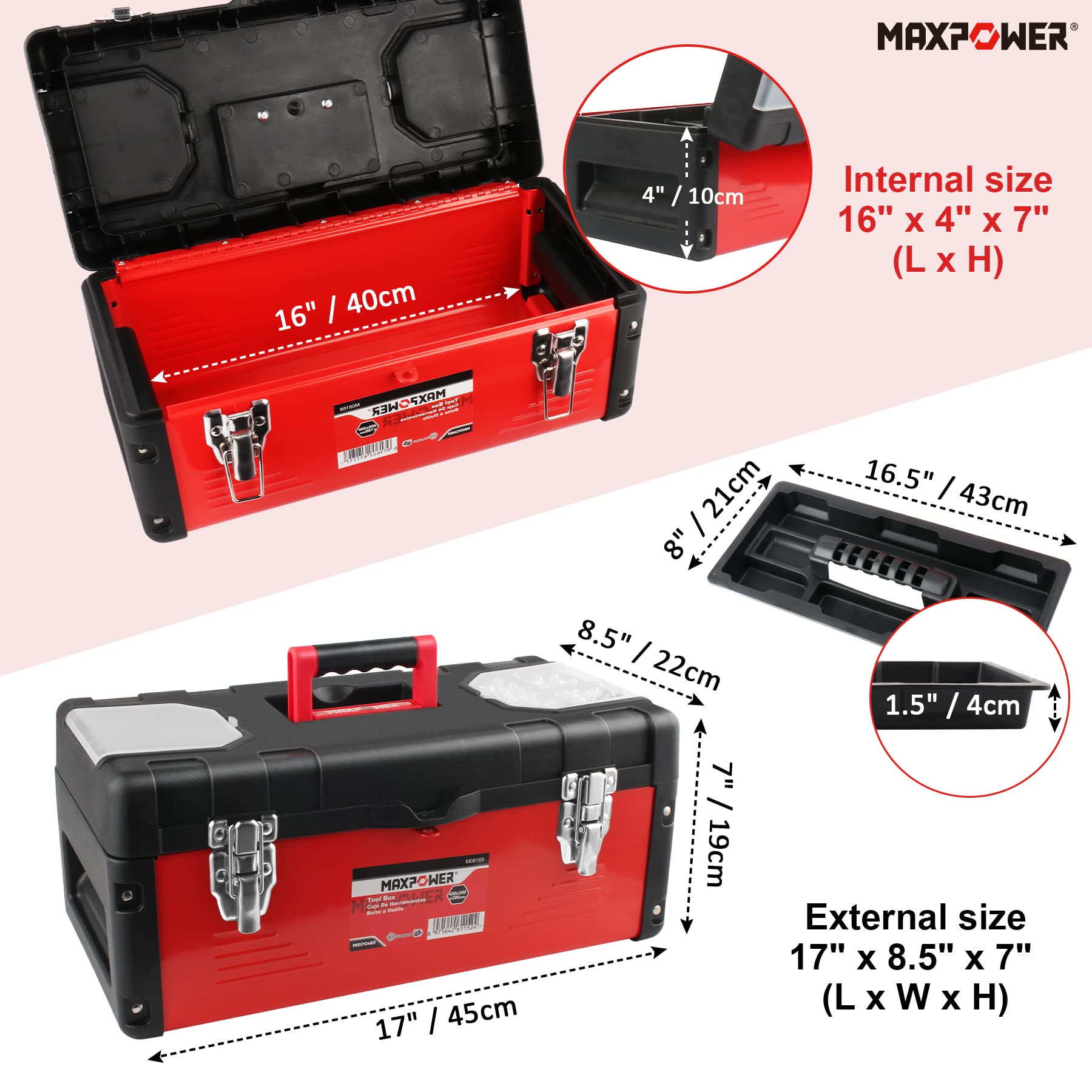 MAXPOWER 17-Inch Heavy Duty Tool Box with Adjustable Spud Wrenches Set - Professional Mechanic Tool Kit for Automotive Repair, Plumbing & Construction Work