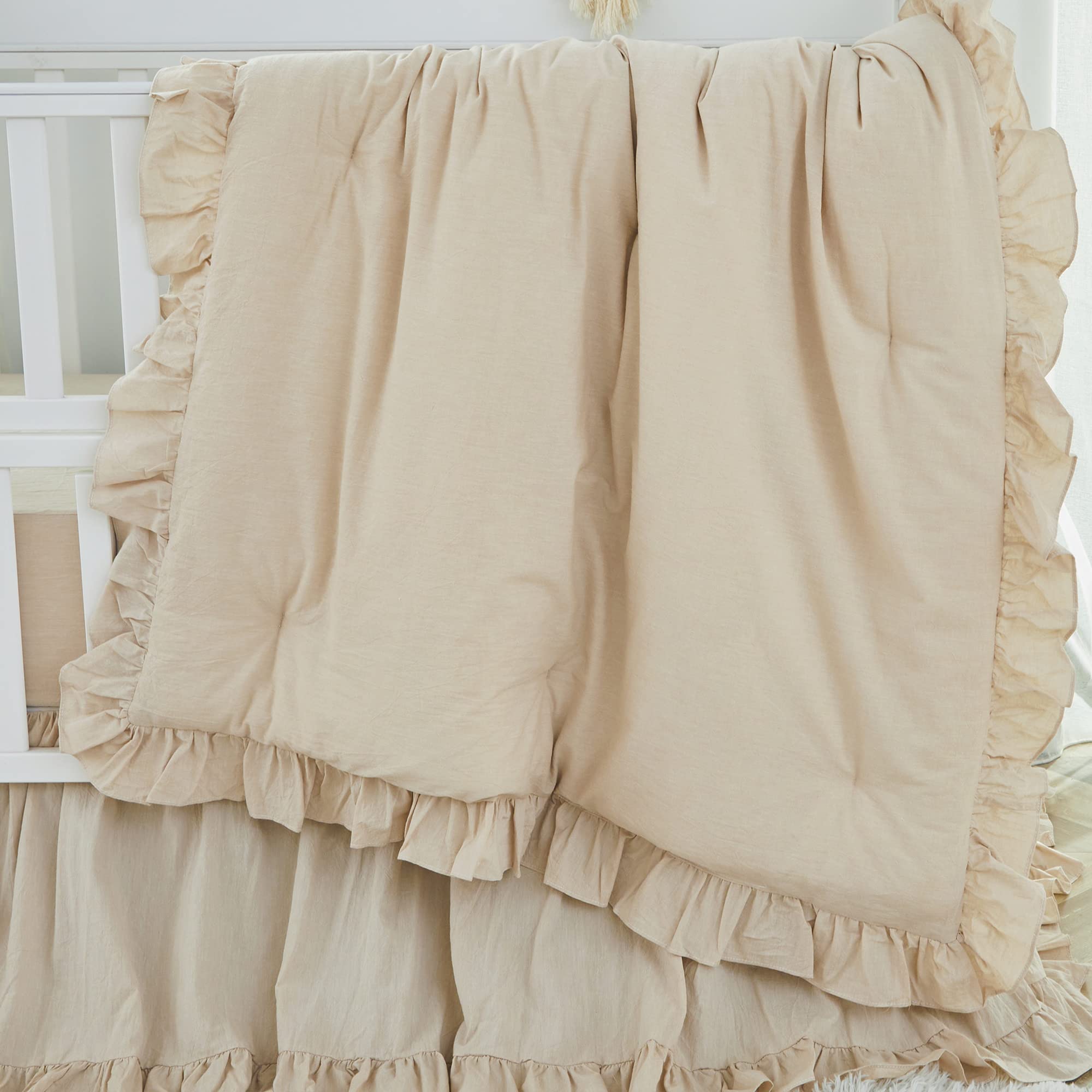 Brandream Gender Neutral Boho Bohemian Baby Crib Bedding Set - 3 Piece Washed Cotton Nursery Set in Solid Beige with Ruffles | Farmhouse Chic Unisex Design for Boys & Girls | Perfect for Cozy Nursery Decor and Baby Shower Gifts