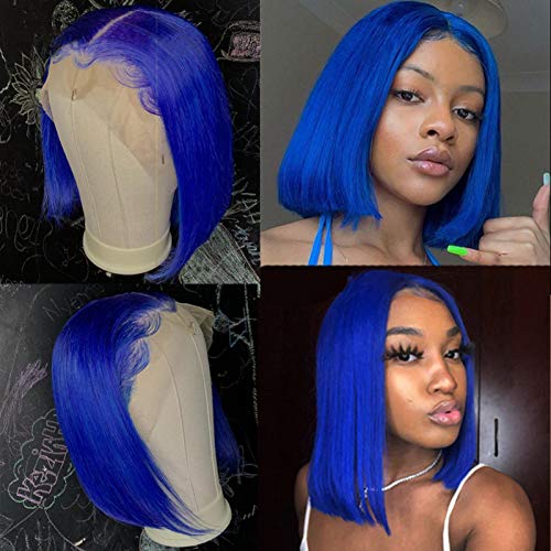13x1 Lace Front Human Hair Wigs | Brazilian Virgin Hair Dark Blue Straight Lace Part Bob Wig | Pre-Plucked Hairline with Baby Hair | 180% Density 16 Inch Middle Part Wig for Women | Perfect for Cosplay, Daily Wear & Special Occasions