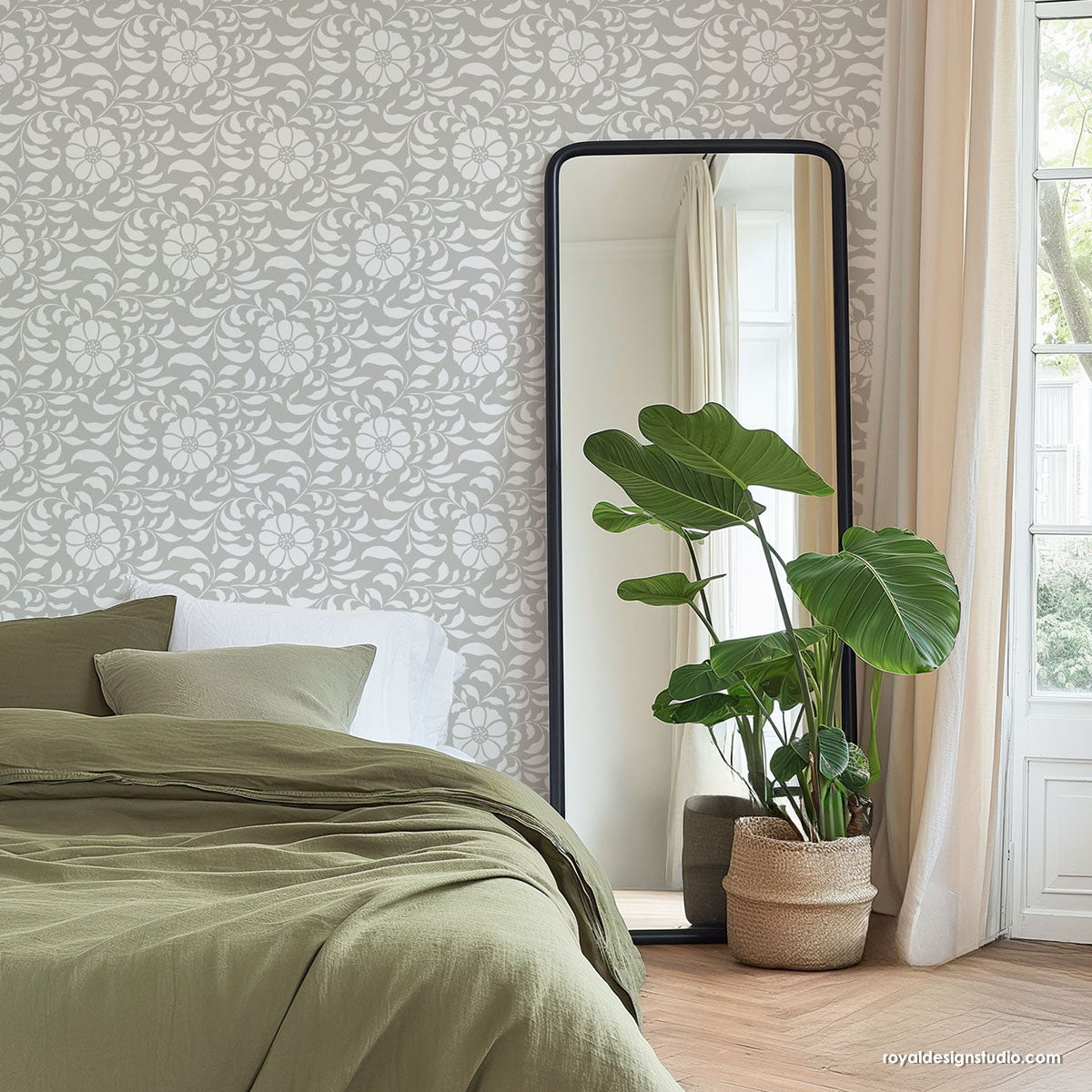 Folk Flower Allover Wall Stencil - Reusable DIY Painting Template for Home Decor, Nursery, Bedroom & Living Room Accent Walls
