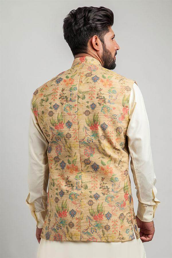 Khaki Bloom Digital Floral Print Waistcoat Vest for Women - Stylish Layering Piece for Office, Wedding & Spring Outfits