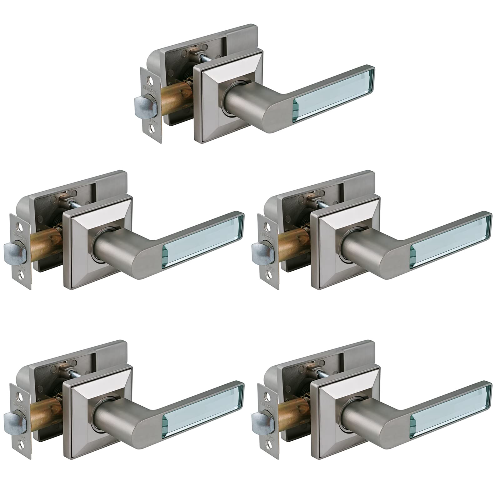 5 Pack Brushed Nickel Glass Crystal Passage Lever Door Lock Set - Non-Locking Hallway & Closet Door Handle for Interior Doors - Perfect for Bedrooms, Bathrooms, and Office Spaces