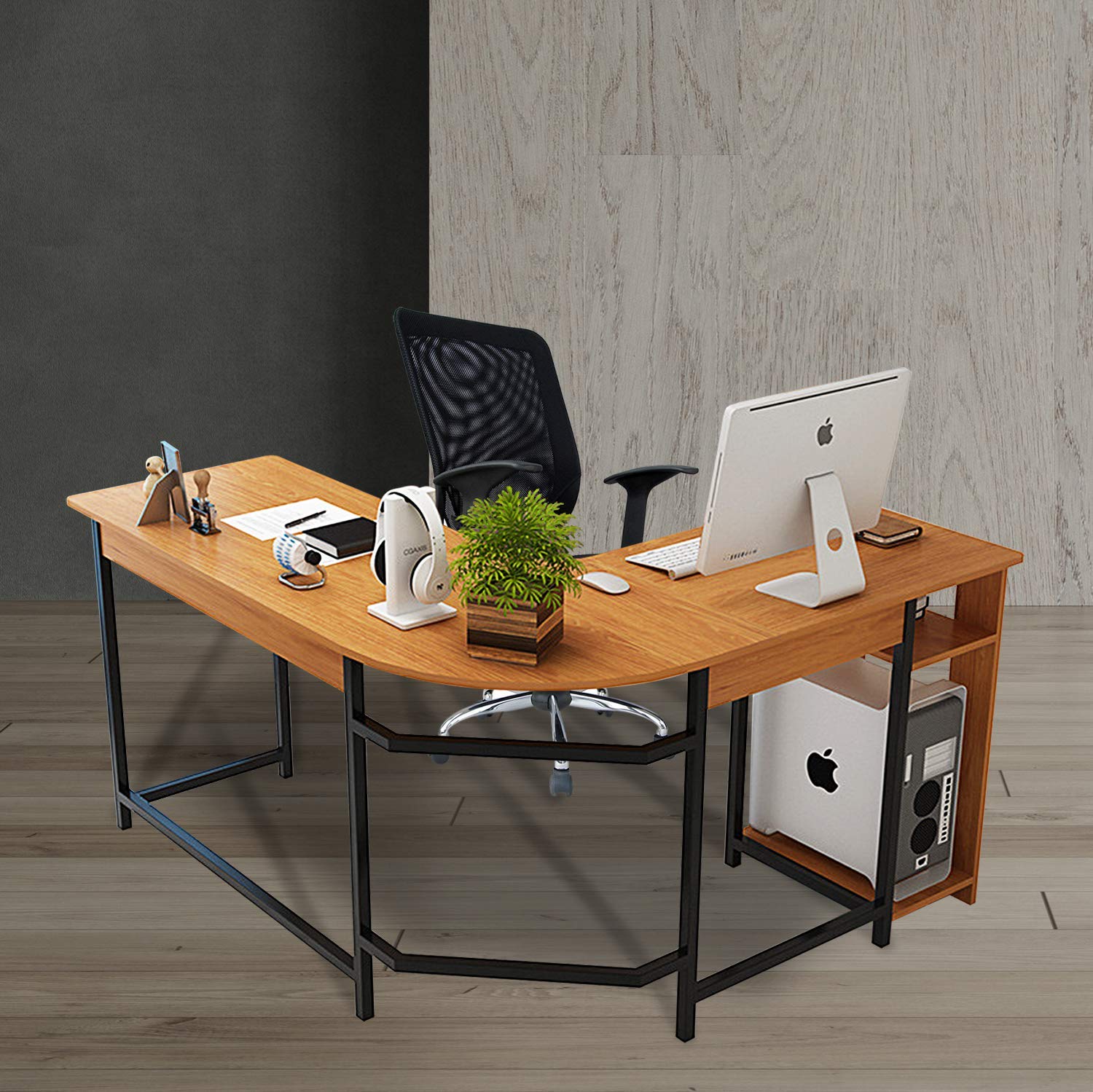 L-Shaped Corner Gaming Desk with Wooden Top & Black Frame - Home Office Computer Desk for PC, Laptop, Workstation & Study | Ergonomic Design for Small Spaces, Gaming Setup & Remote Work