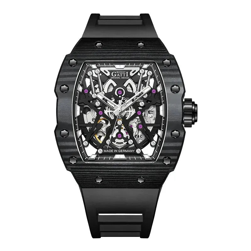 BONEST GATTI Carbon Fiber Automatic Mechanical Watch for Men - Luxury Skeleton Design, Sports Waterproof Wristwatch - Perfect for Business, Casual Wear & Outdoor Activities