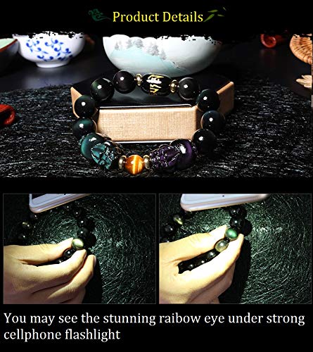 Feng Shui Obsidian Bracelet with Double Pixiu - Rainbow Obsidian & Tiger Eye Stone Money Luck Talisman, Stretch Bangle with Six Word Mantra Carving - Perfect for Wealth Attraction, Spiritual Protection & Daily Wear