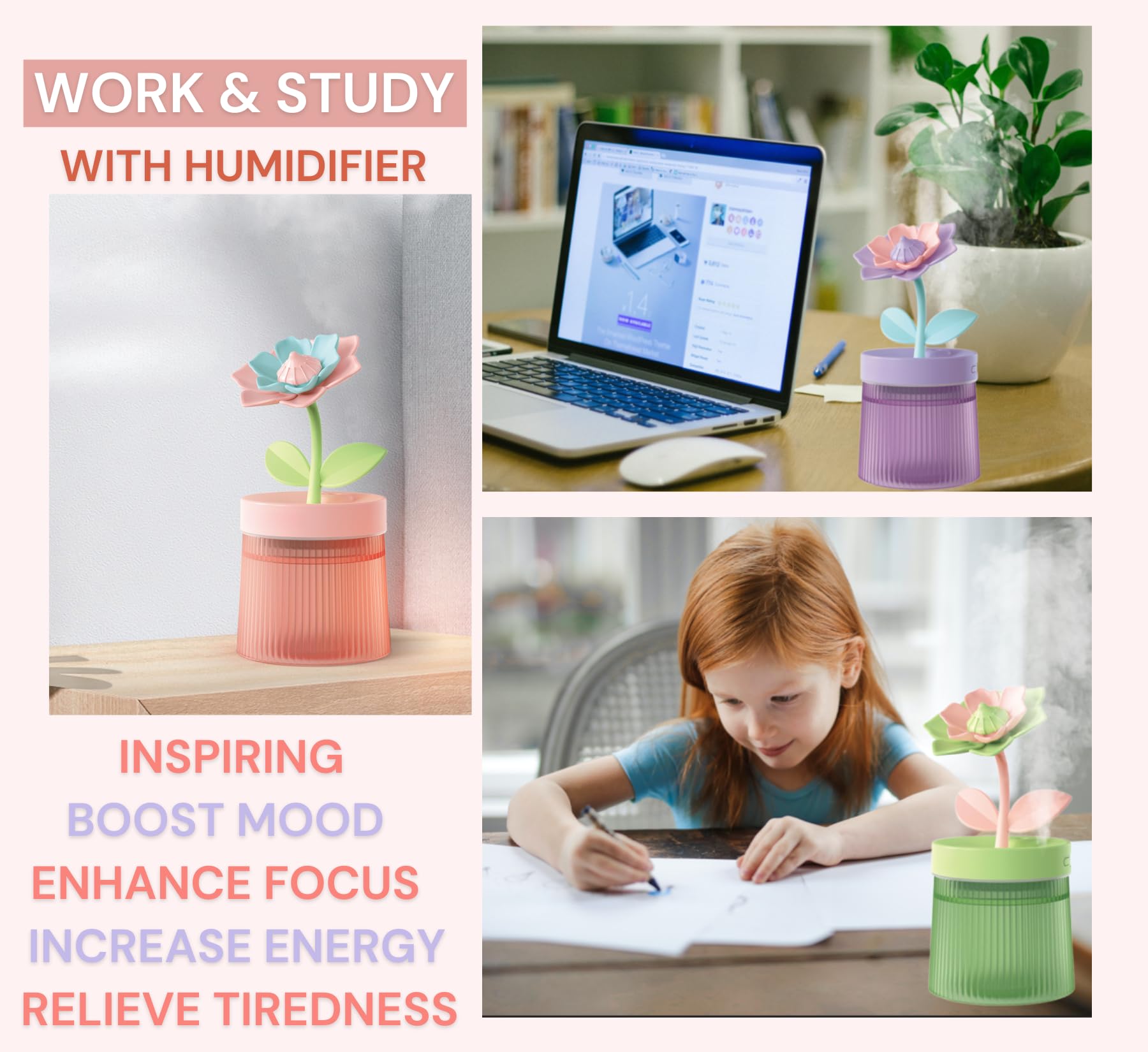 Ultrasonic Cool Mist Mini Humidifier for Bedroom - USB Powered Portable Air Humidifier with Night Light & Auto Shut-Off | Quiet Operation for Home, Office, Nursery, Travel, Plants & Baby Care | Perfect for Dry Air Relief & Better Sleep (Purple)