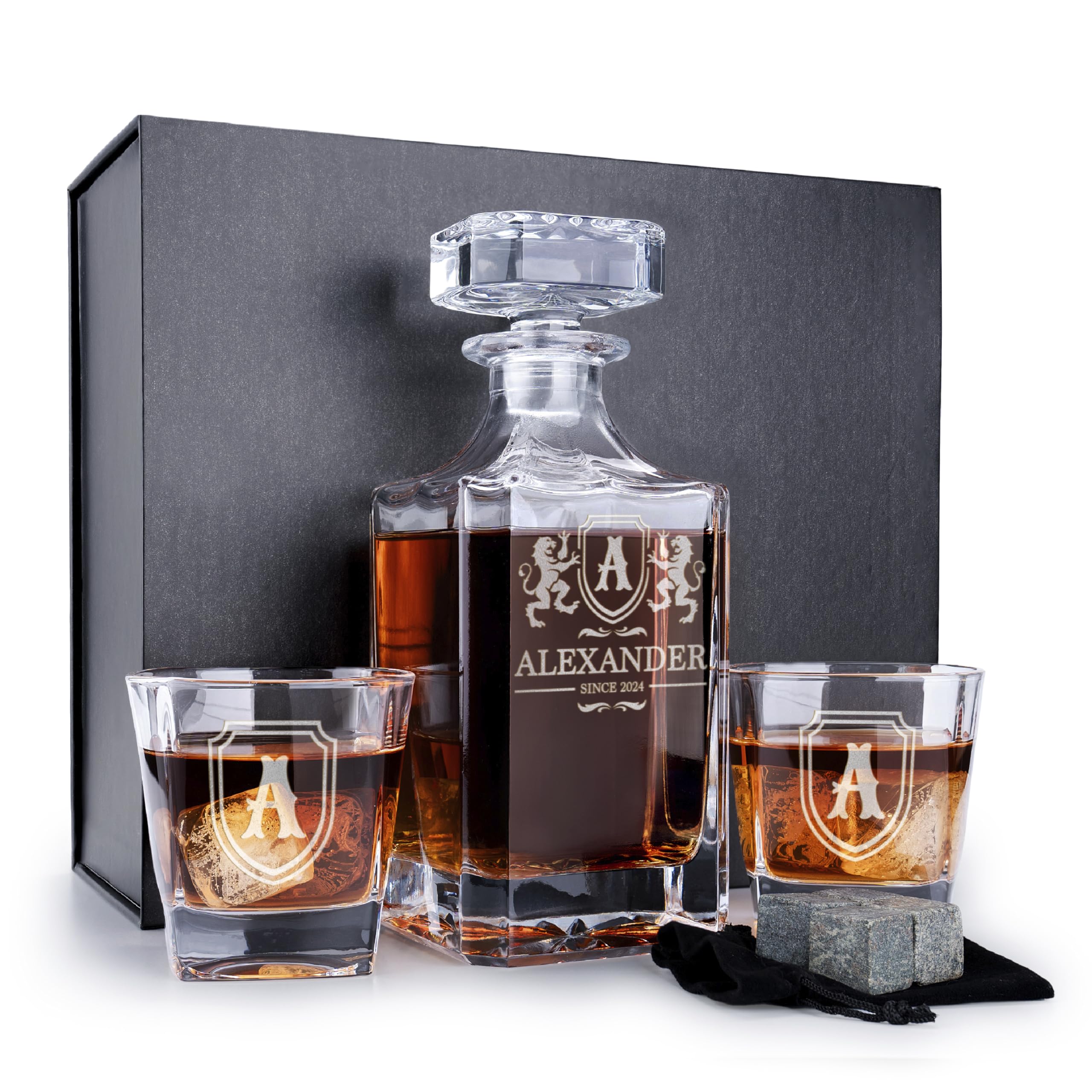 Personalized Whiskey Decanter Set with 2 Glasses - Engraved 25oz Liquor Decanter Gift for Men - Custom Monogram Barware for Birthday, Retirement & Anniversary - Perfect for Home Bars, Man Caves & Gifting