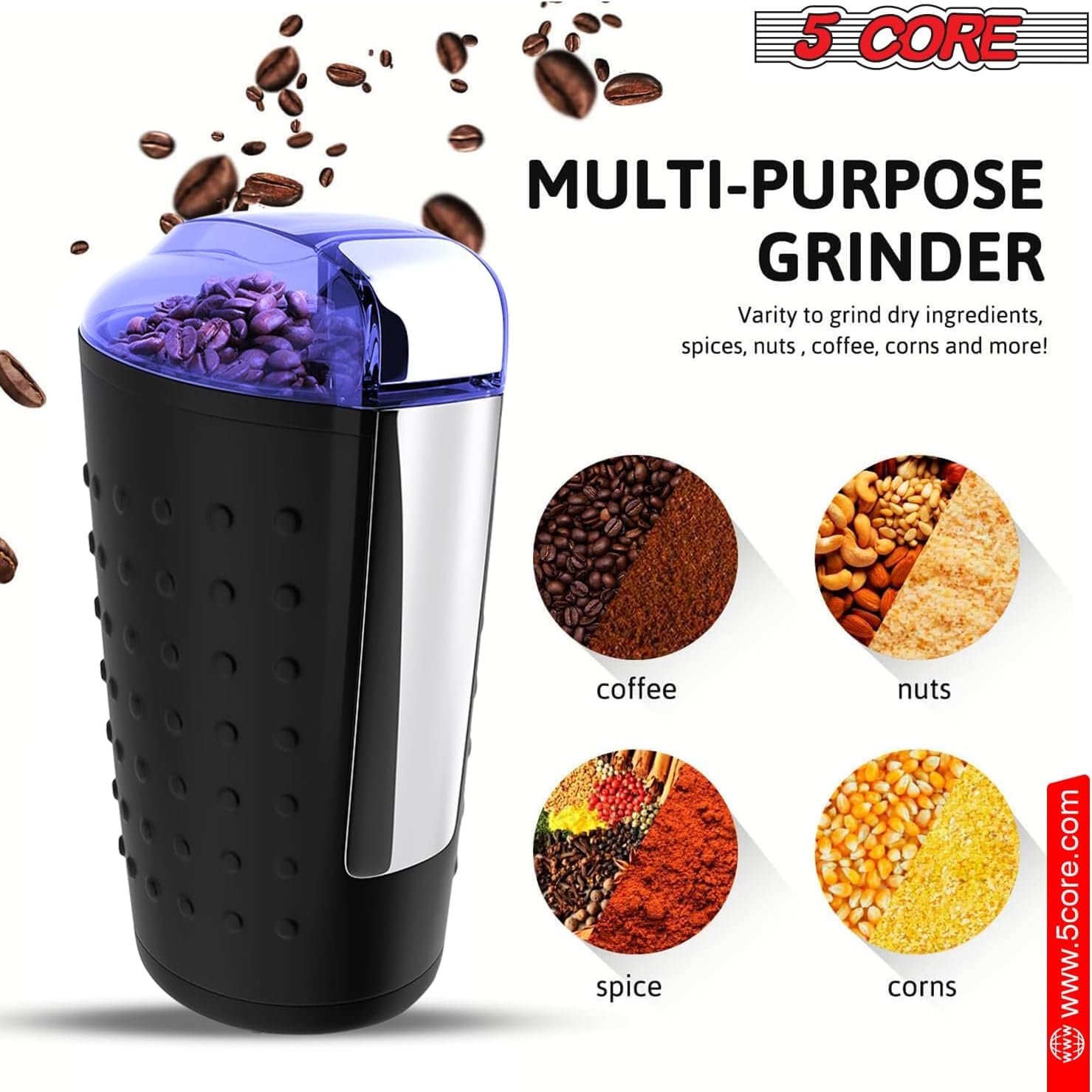 Premium 5-Core Electric Coffee Grinder - 150W, 85g/3oz Capacity, One-Touch Operation - Stainless Steel Blades for Beans & Spices - Black & Brown (Perfect for Home Kitchens, Coffee Shops & Office Break Rooms)
