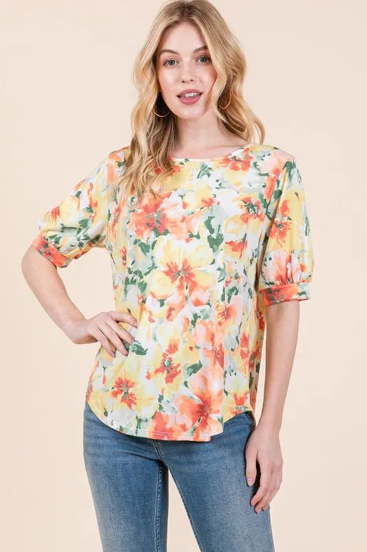 BOMBOM Women's Floral Print Round Neck Puff Sleeve Blouse - Elegant Summer Tops for Casual Outings & Date Nights