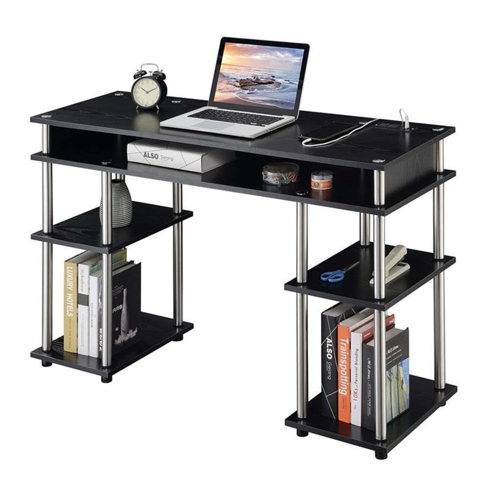 Modern Black Wood Finish Student Desk with Built-in Charging Station - Perfect for Small Spaces, Dorm Rooms & Home Office Study Areas