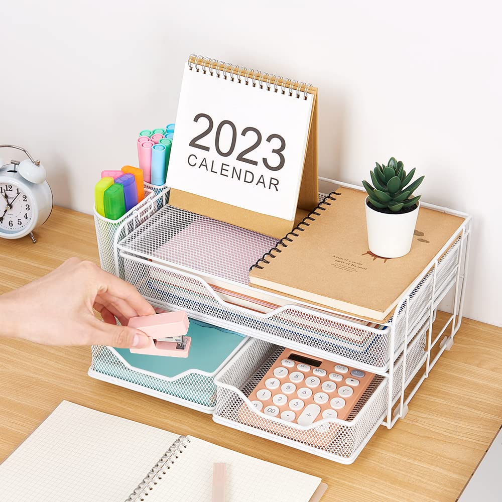 3 Tier Desk Drawer Organizer with 2 Pen Holders - White Office Desk Organizer for Home & Workspace - Perfect for Storing Stationery, Files and Office Supplies