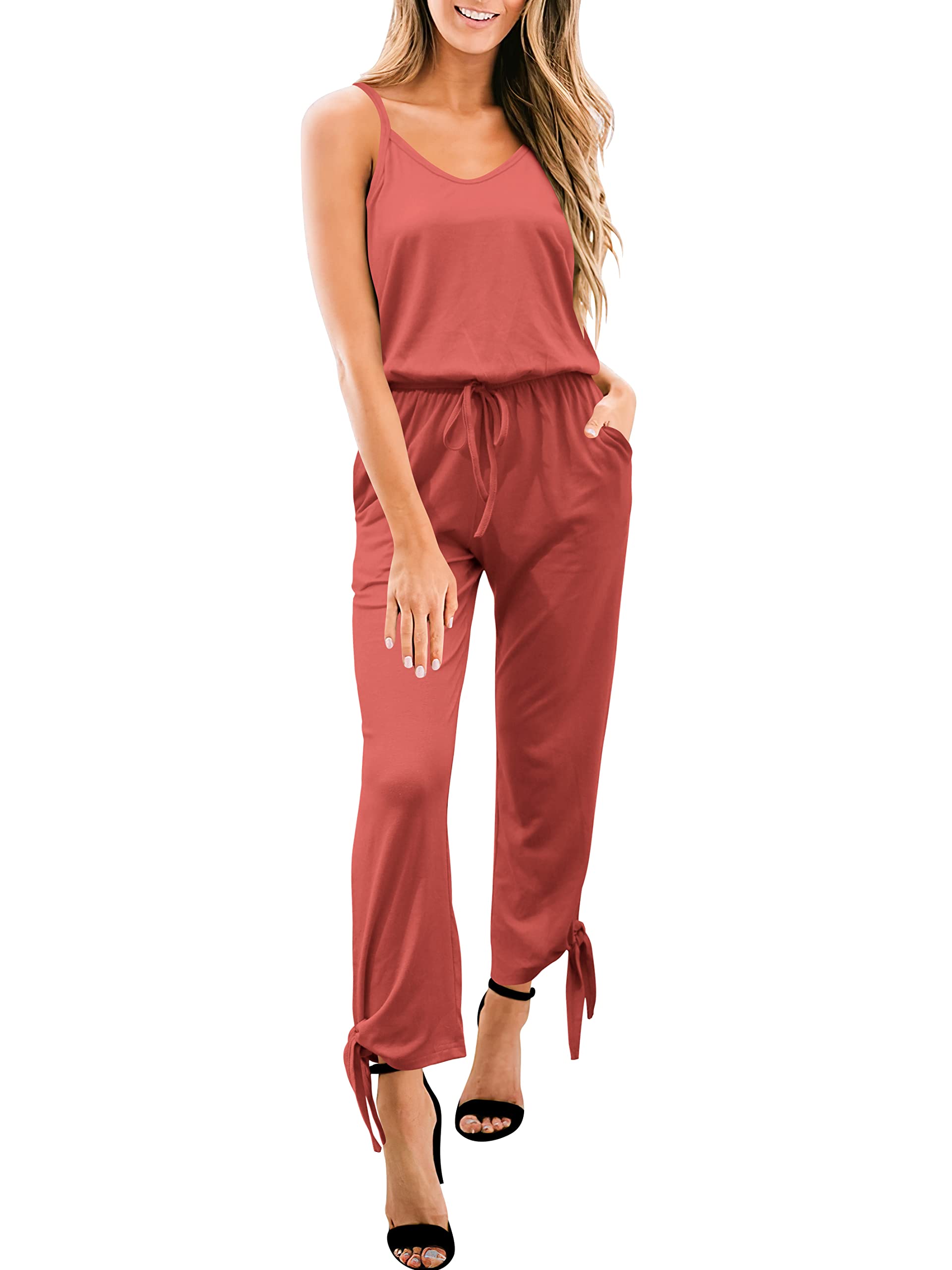 ANRABESS Women's Summer Spaghetti Strap V-Neck Tie Front Jumpsuit with Side Slit & Pockets - Casual Beachwear, Vacation Outfit, Party Romper